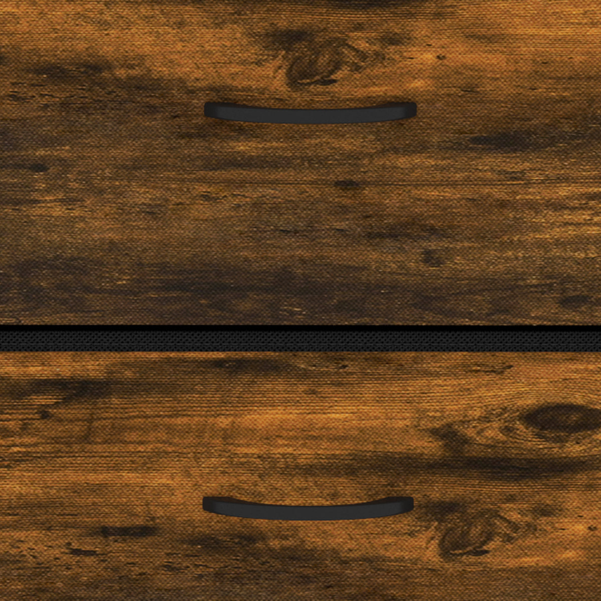 Rustic brown drawer front with metal handle, woodgrain finish