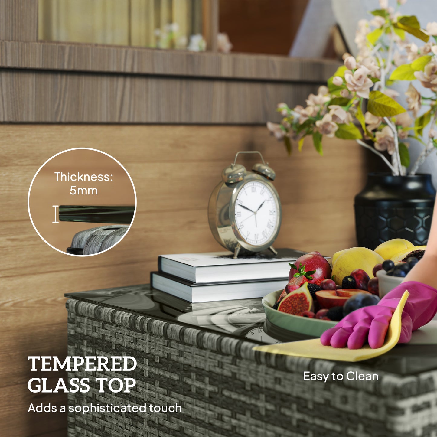 Outsunny 62 By 62 Centimeter Glass Top Rattan Garden Side Table Light Grey With Tempered Top