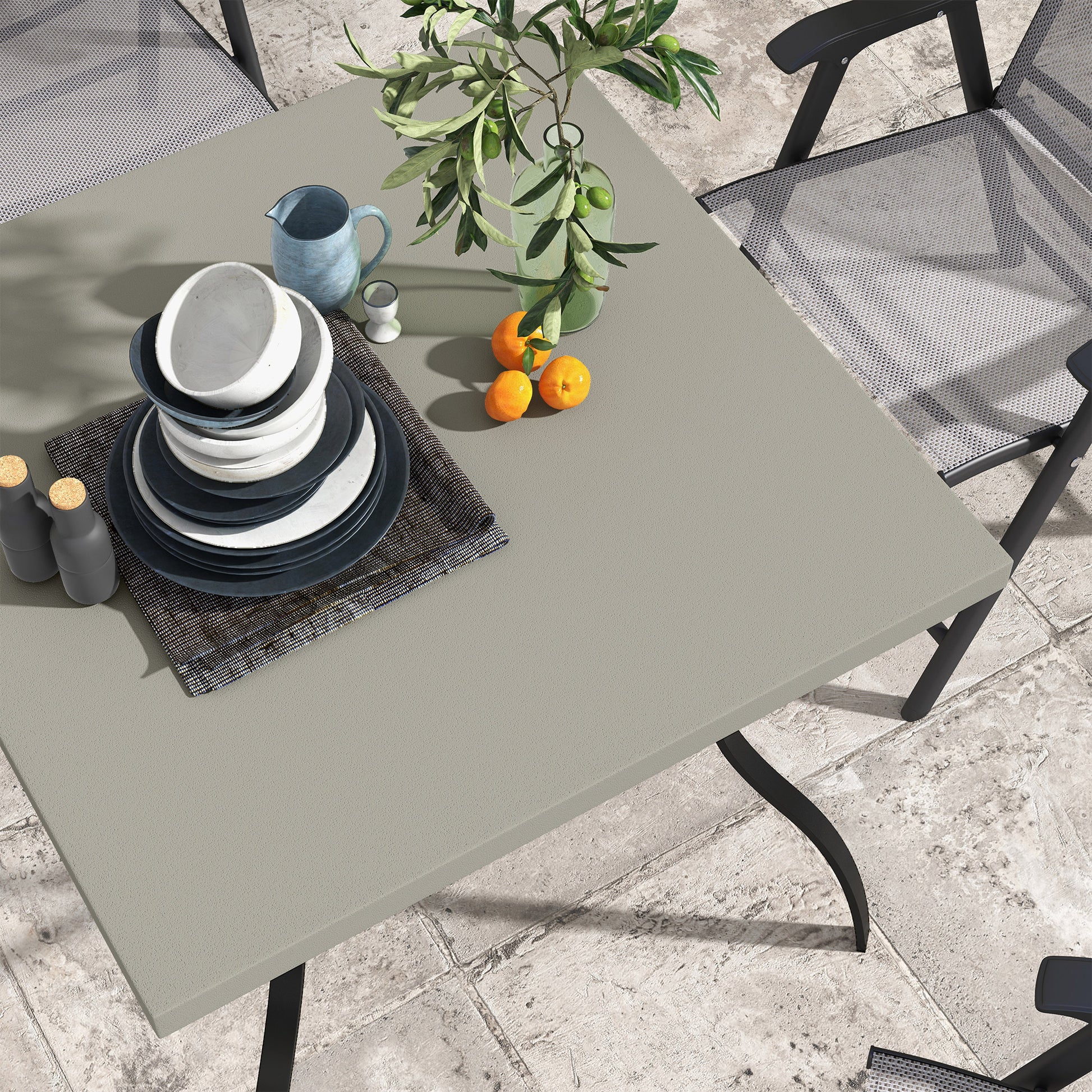 Outsunny Square 80cm Outdoor Dining Table with Umbrella Hole for 4 People - Marble Effect Top, Black Steel Design - ALL4U RETAILER LTD