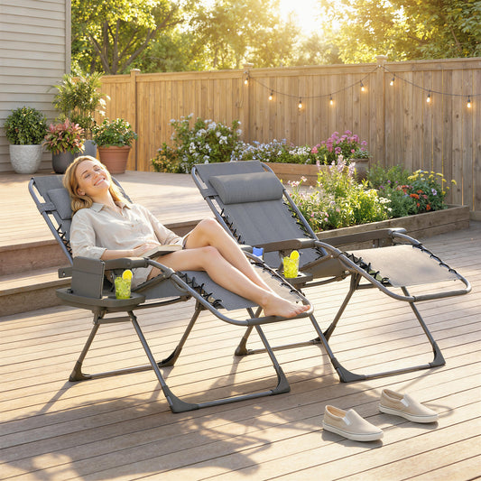 Outsunny Zero Gravity Chairs Set Of 2 Folding Sunloungers Reclining Garden Chairs With Cup Holder And Headrest Dark Grey