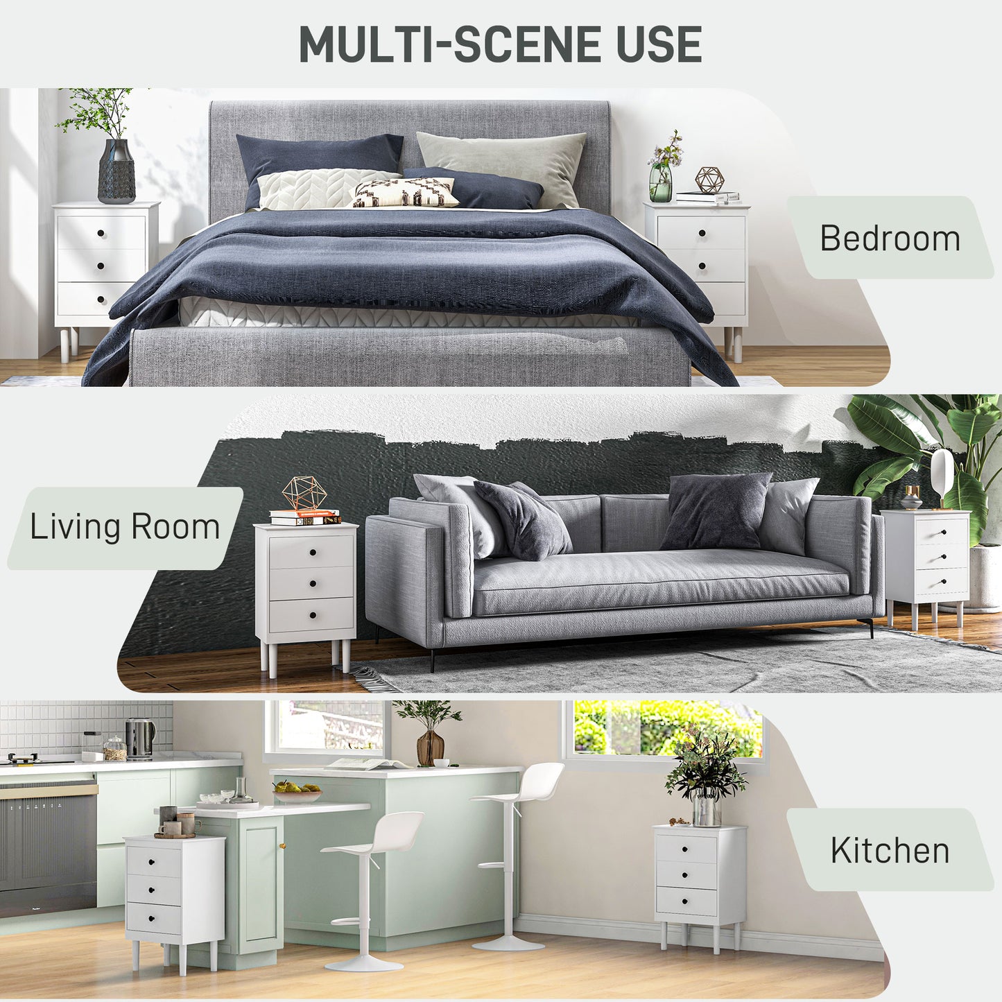 HOMCOM White Set Of Two Three Drawer Bedside Tables With Black Handles For Nightstand Storage