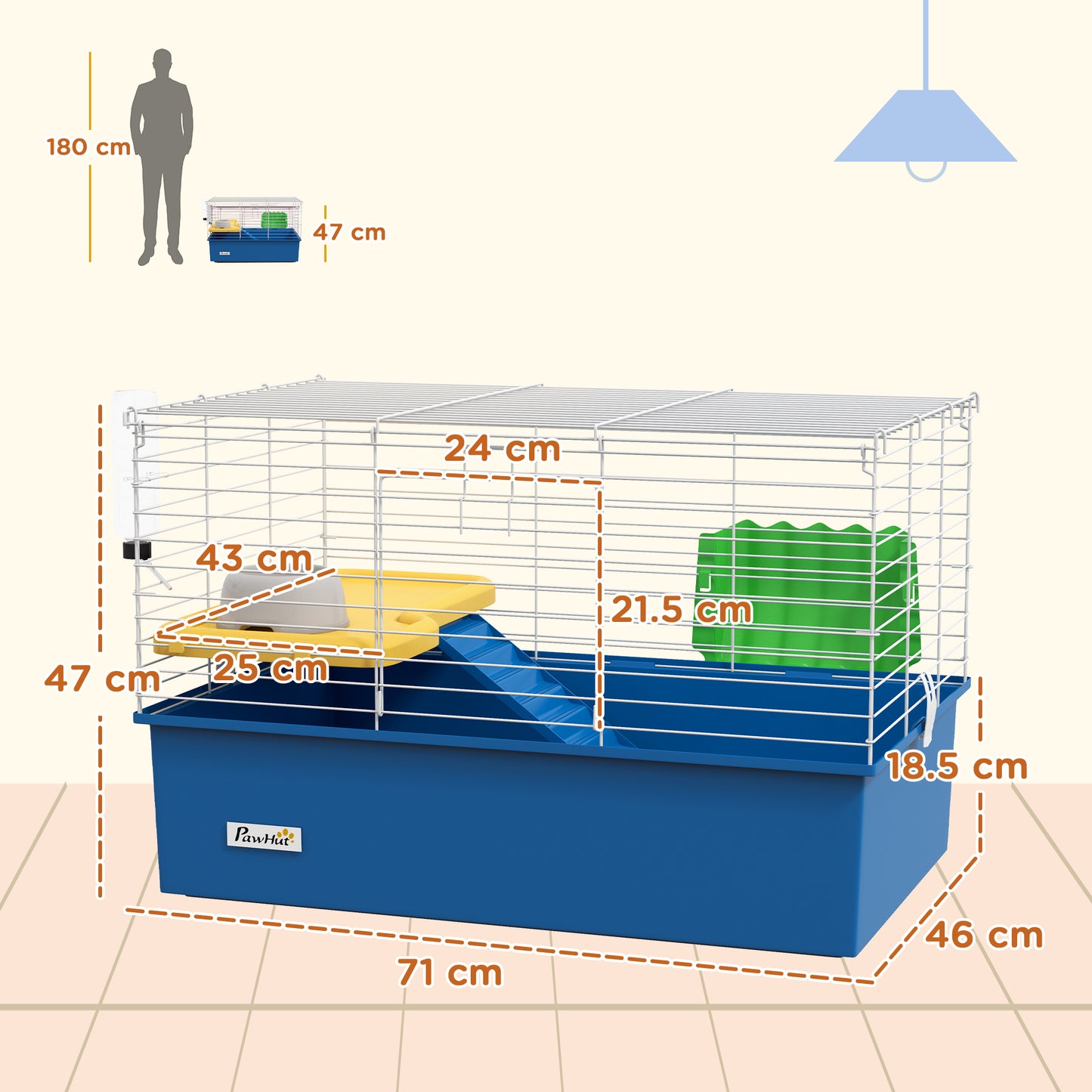 PawHut Blue Small Animal Cage for Chinchillas, Rabbits, and Guinea Pigs with Platform and Ramp, 71 x 46 x 47cm - ALL4U RETAILER LTD