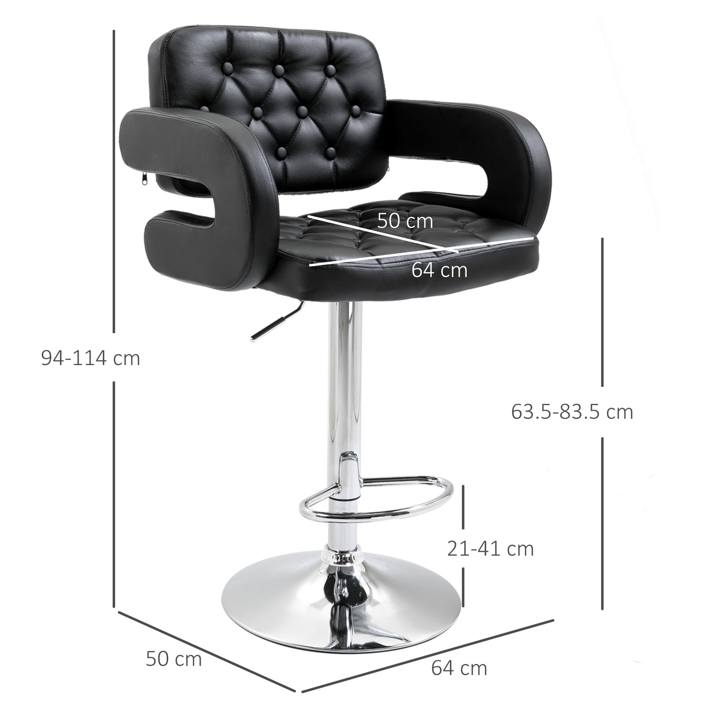 Set Of 2 PU Leather Upholstered Swivel Bar Stools Height Adjustable With Back Armrests And Footrests For Kitchen