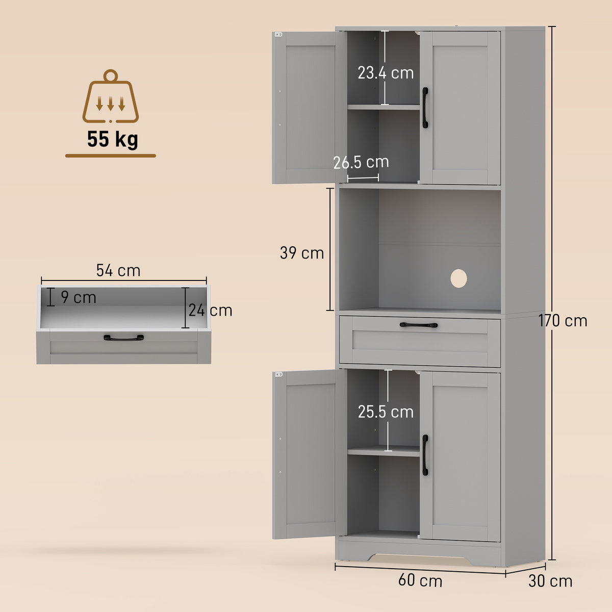 Kitchen pantry cabinet front view with upper cabinet, open shelves, and drawers layout
