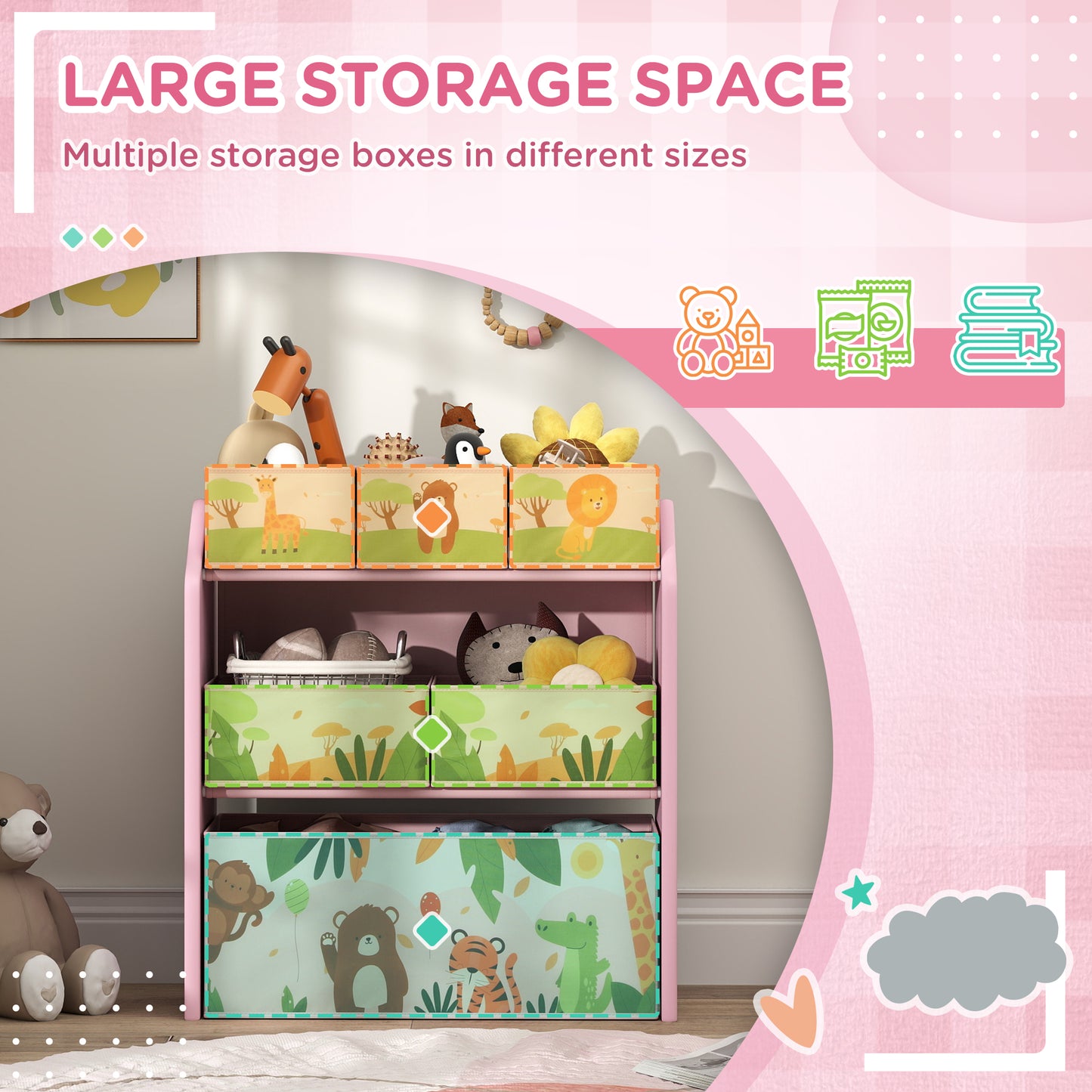 AIYAPLAY 3 Tier Kids Toy Storage Unit With 6 Removable Boxes Pink For Playroom Bedroom Nursery