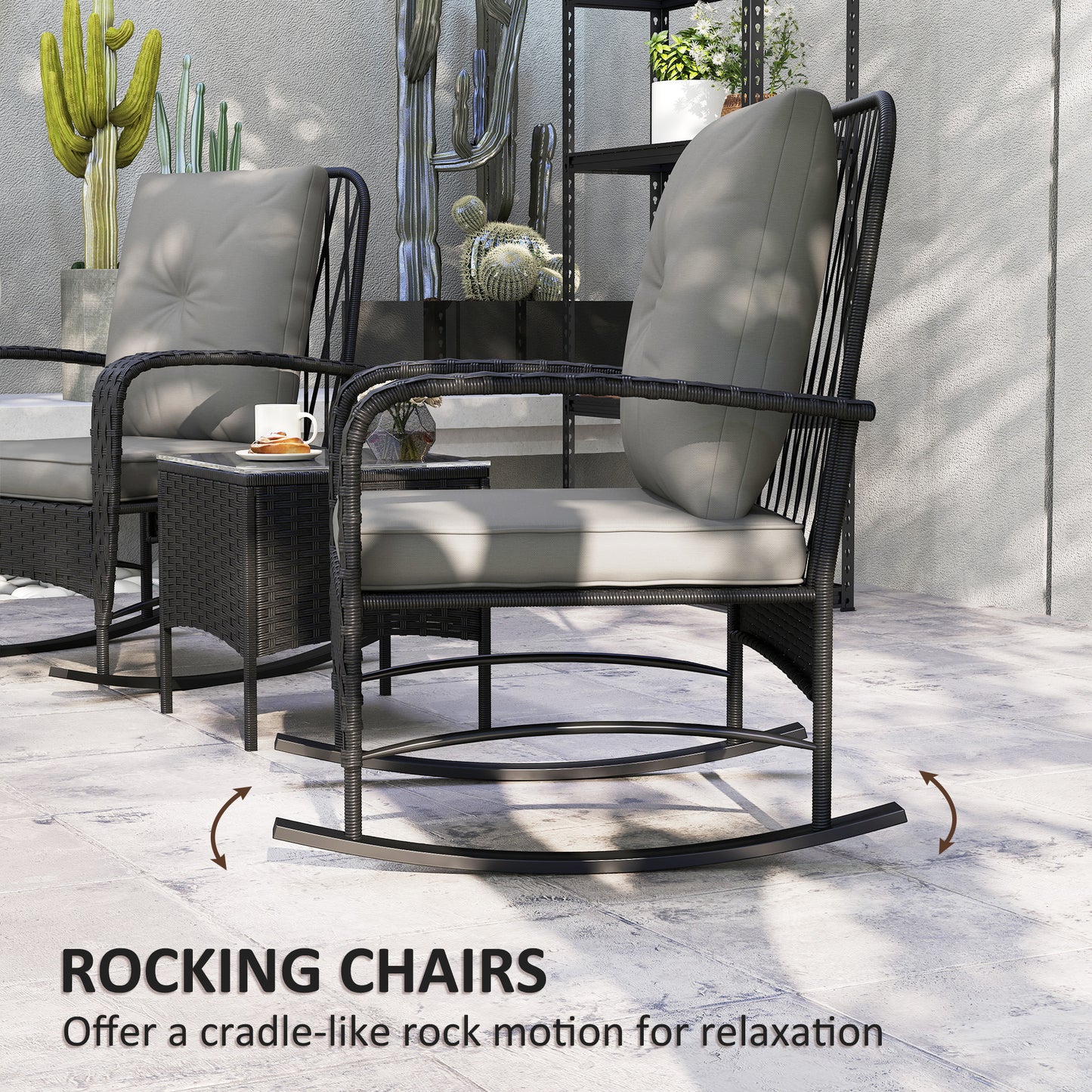 Outsunny Three Piece Rattan Bistro Set With Glass Top Table Two Rocking Chairs Black