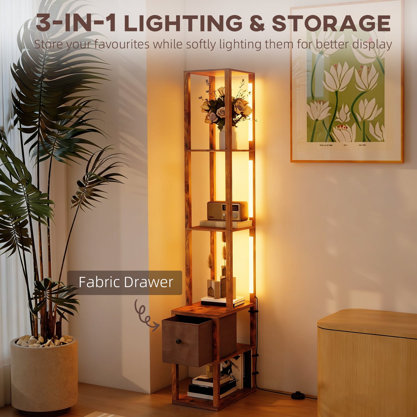 HOMCOM Floor Lamp With Shelves LED Column Standing Fabric Drawer Adjustable Brightness Foot Switch Rustic Brown