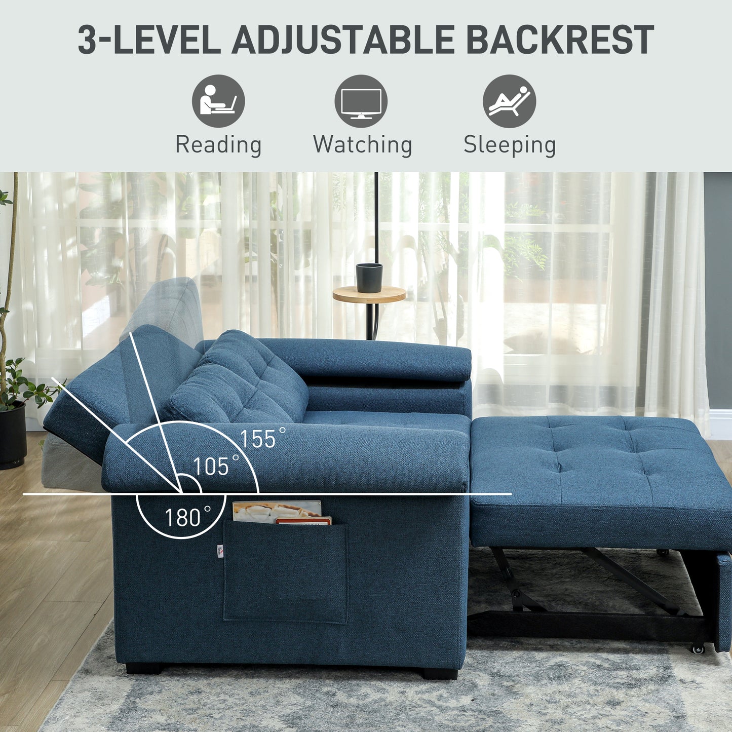 HOMCOM 2 Seater Pull Out Sofa Bed Click Clack With Pocket Springs Convertible Sofa Couch Blue Pillows And Side Pockets