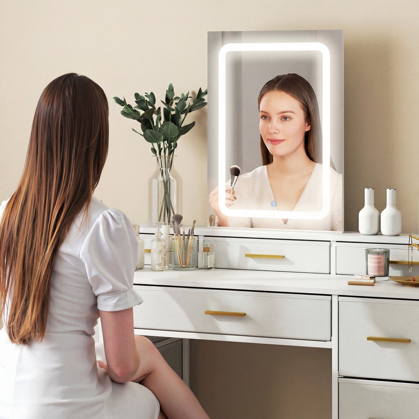 HOMCOM Multi Storage Elegant Dressing Table With LED Mirror In White Finish And Gold Tone Handles