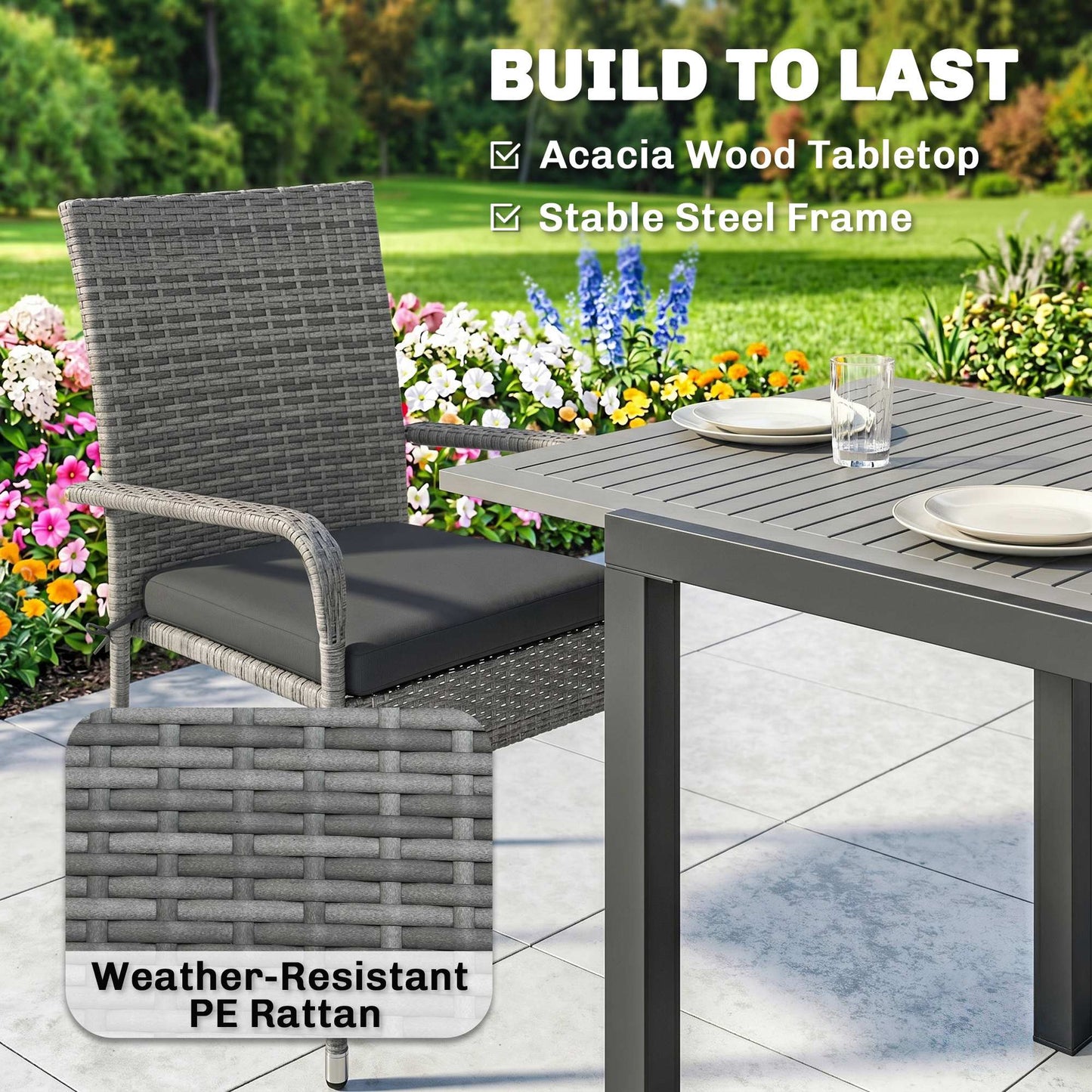 Outsunny 7 Piece Rattan Garden Furniture Set With Extendable Acacia Wood Tabletop 6 Seater Dining And Stackable Chairs