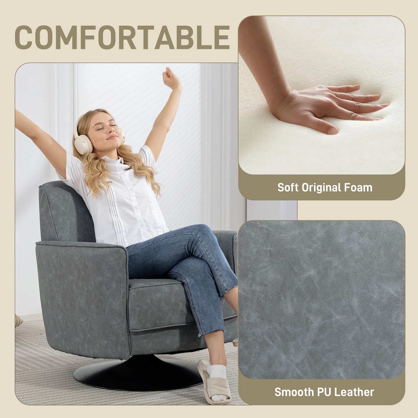 HOMCOM Upholstered Swivel Accent Chair With Thick Padding Pocket Springs In Grey 360 Degree Swivel Armchair