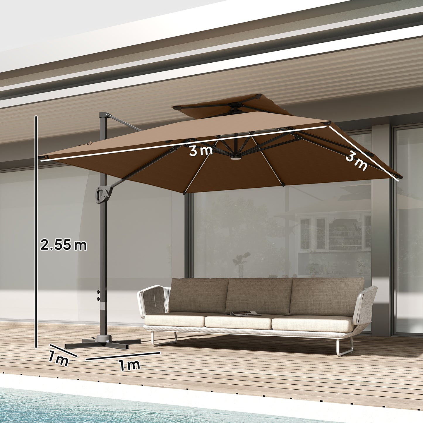 Outsunny Multi Angle LED Light Parasol Umbrella With Solar Powered Lights UPF 50 Plus Canopy Tiltable 360 Degree Swivel