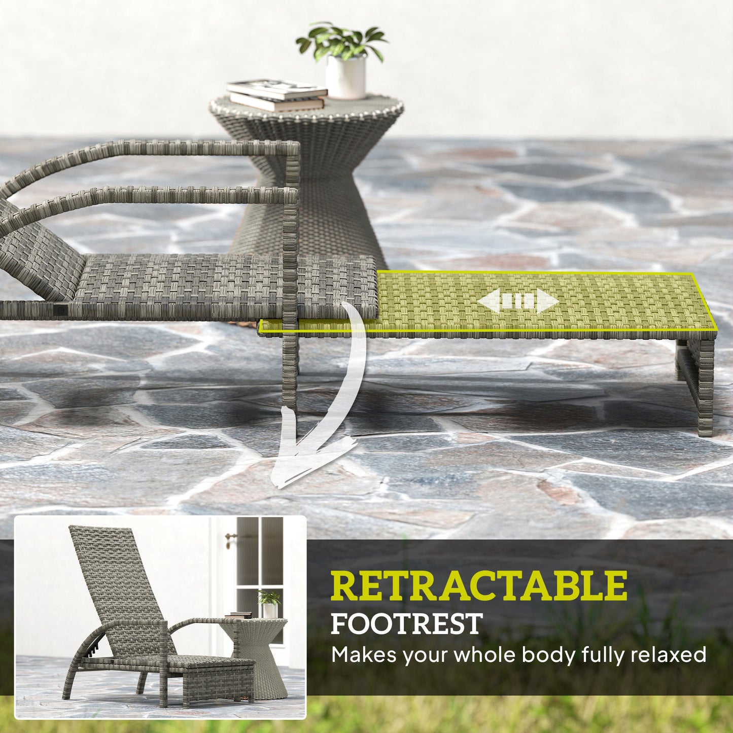 Outsunny Grey Reclining Rattan Lounger With Extending Footrest And Adjustable Back In Four Positions