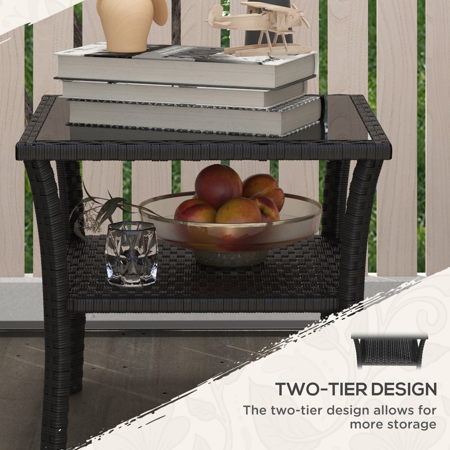 Outsunny Two Tier PE Rattan Square Coffee Table With Glass Top For Outdoor Garden Black