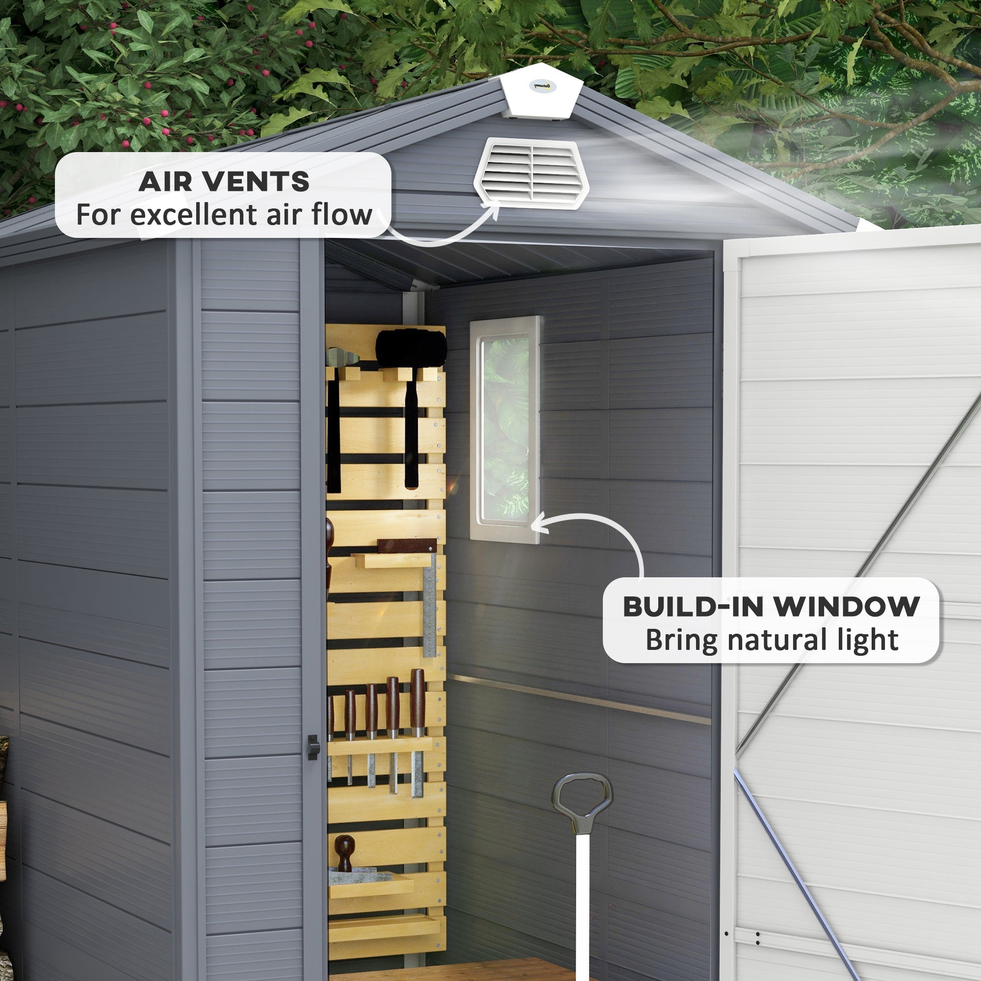 Outsunny 4 x 6ft Outdoor Storage Shed with Lockable Door and Ventilation, Grey Polypropylene Garden Tool House with Foundation Kit - ALL4U RETAILER LTD