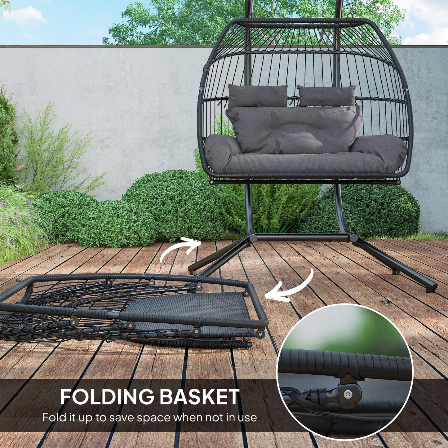 Outsunny Rattan Double Hanging Egg Chair With Stand Foldable Wicker Swing Cushion Pillows For Indoor Outdoor Dark Grey