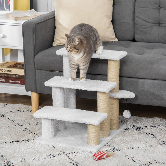 PawHut 3-Step Cat Climbing Stairs with Scratching Posts and Toy Ball for Indoor Senior Cats and Kittens - White - ALL4U RETAILER LTD