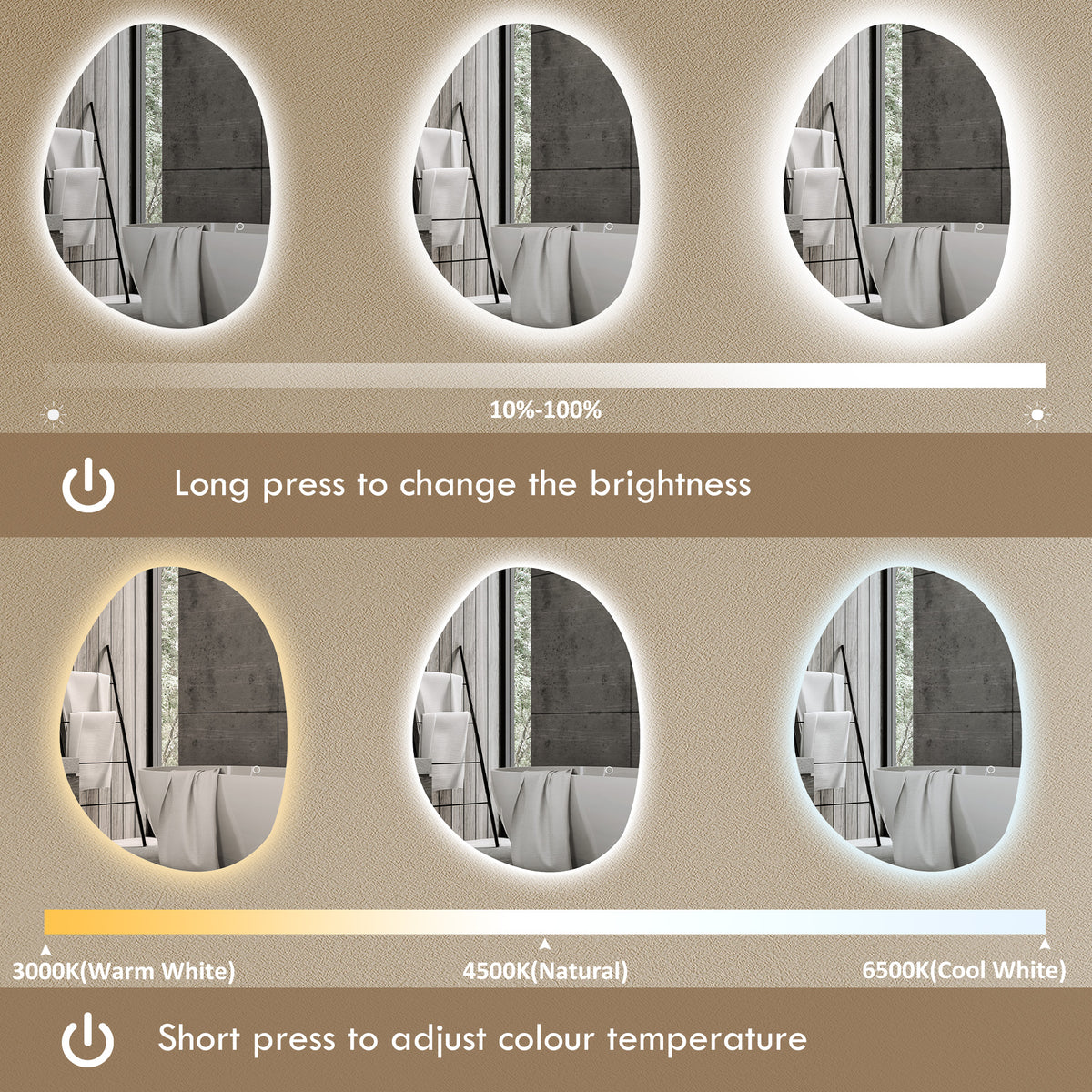 Oval LED bathroom mirror with adjustable brightness and color temperature settings shown.