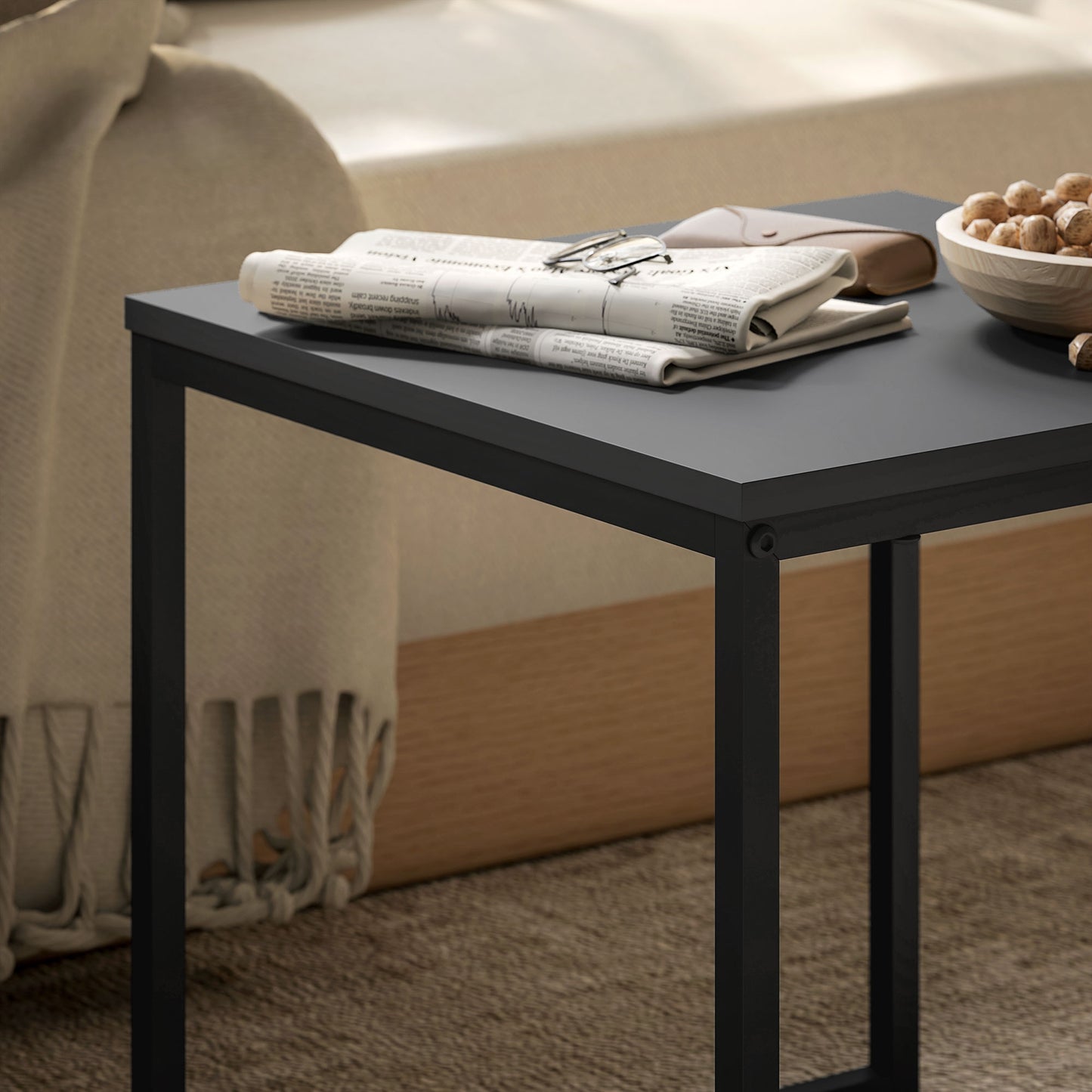 HOMCOM Set Of Two Boxy Nesting Tables Black And Wood Effect Tray Top End Tables Versatile