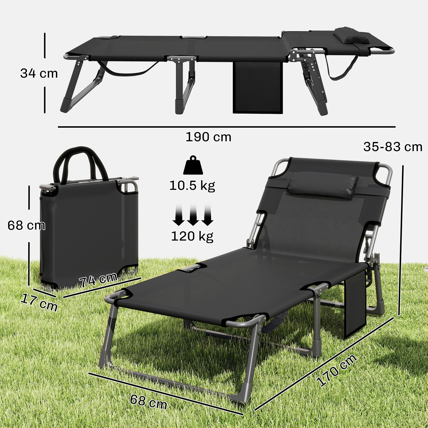 Outsunny Folding Sun Loungers Set of 2 for Garden 5 Position Oversized Camping Bed Recliners With Cushions Blue
