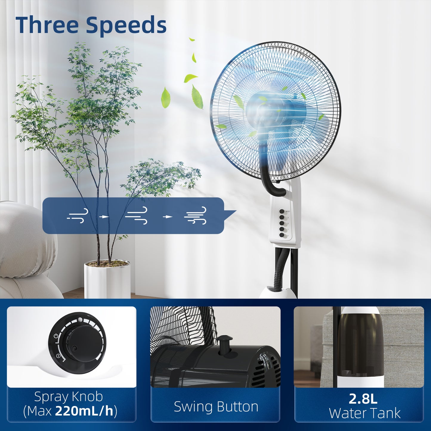 HOMCOM 2 In 1 Misting Floor Fan With Water Spray And 2.8L Tank 70 Degree Oscillation Tilt Head 3 Speeds White