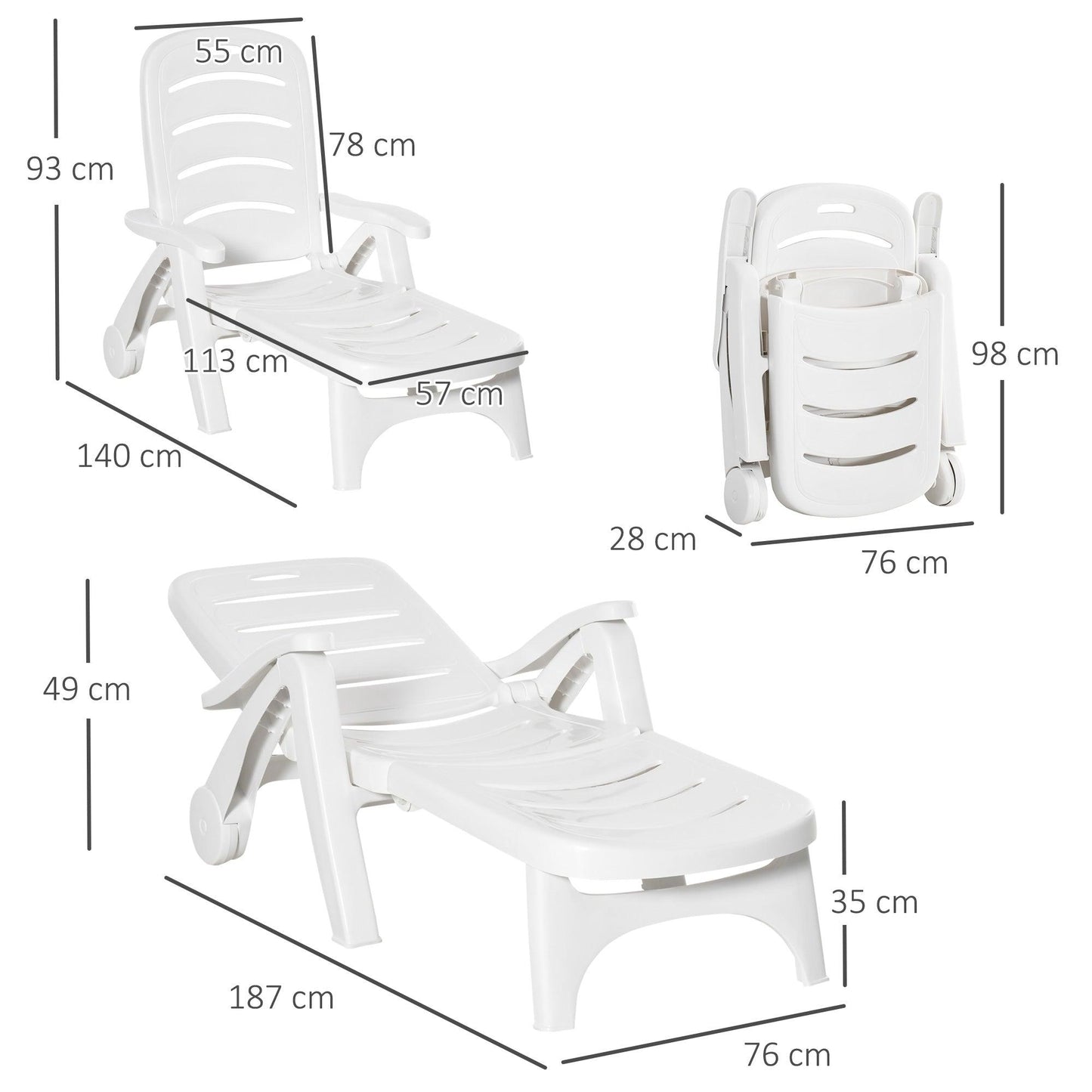 Outsunny Folding Chaise Lounge Chair on Wheels, 5-Position Backrest, White - ALL4U RETAILER LTD