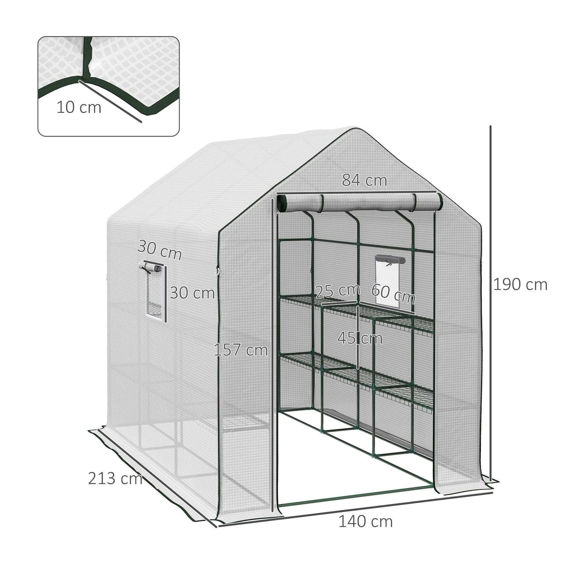 Outsunny Walk-in Greenhouse w/ 3 Tier Shelves, Green House Garden Grow House w/ PE Cover, Roll-up Door, Mesh Windows, 140 x 213 x 190cm, White - ALL4U RETAILER LTD