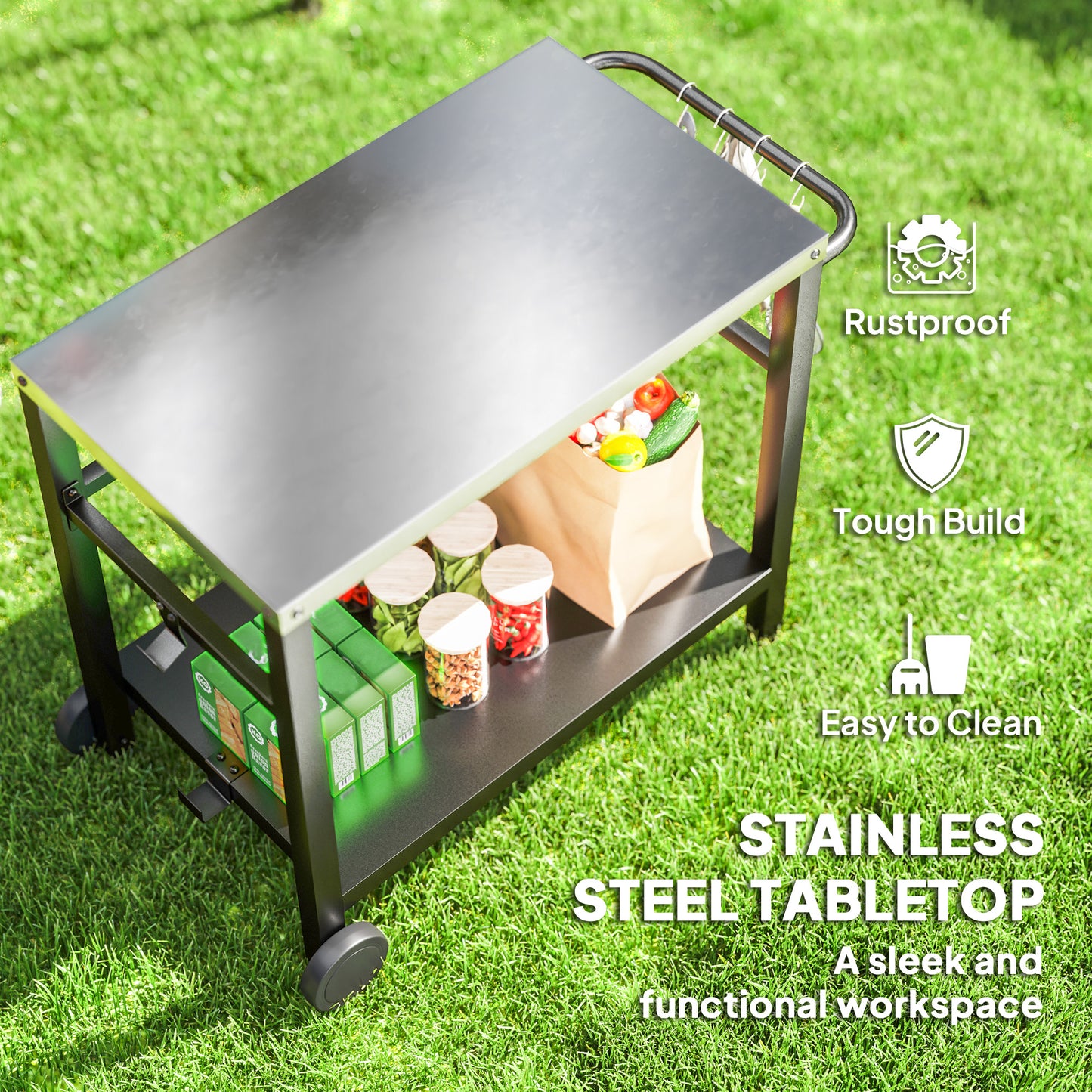 Outsunny Outdoor Grill Cart with Stainless Steel Top Two Shelf Portable BBQ Trolley with Hooks Wheels Charcoal Grey