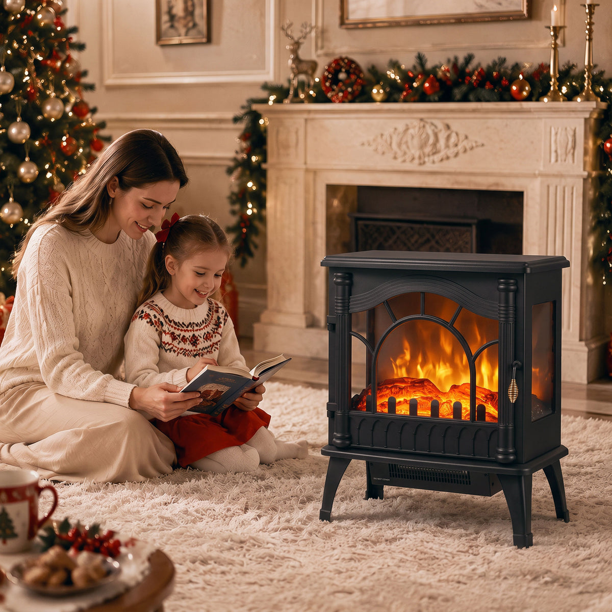 Black 3-sided glass electric fireplace stove heater with flame effect, in living room