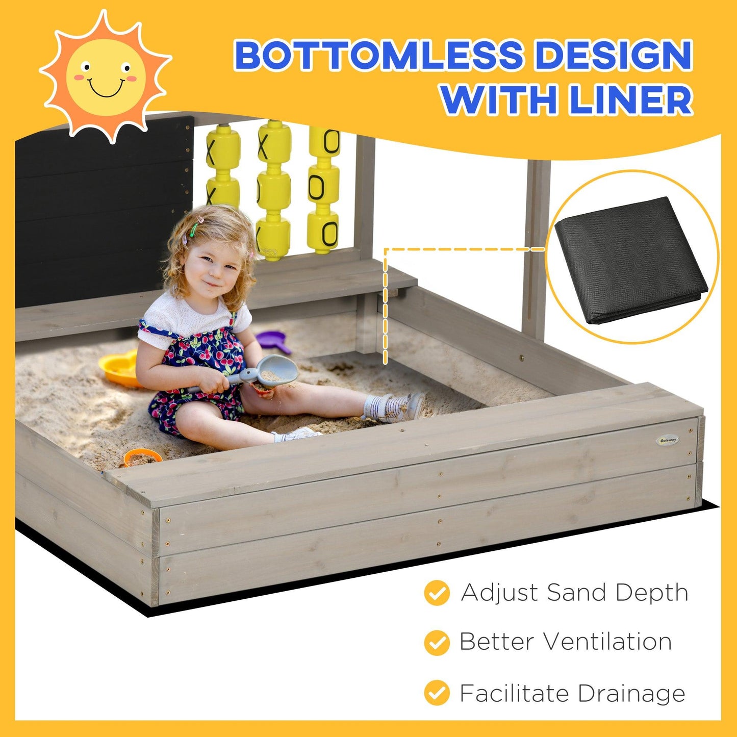 Outsunny Kids Wooden Sandpit, Sandbox w/ Canopy, Seats, for Gardens - Grey - ALL4U RETAILER LTD