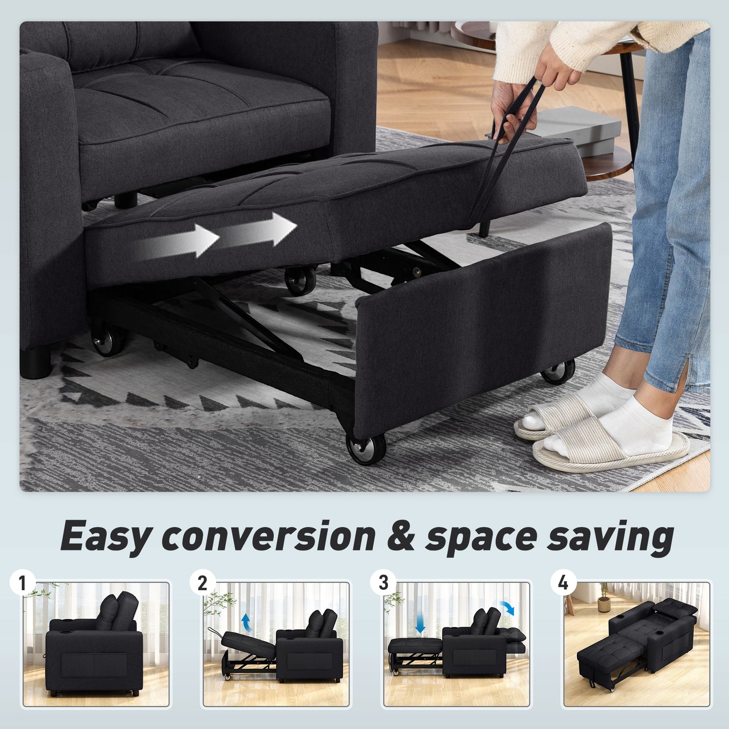 HOMCOM 3 In 1 Single Sofa Bed Convertible Sleeper Chair Bed Perfect For Small Spaces Black