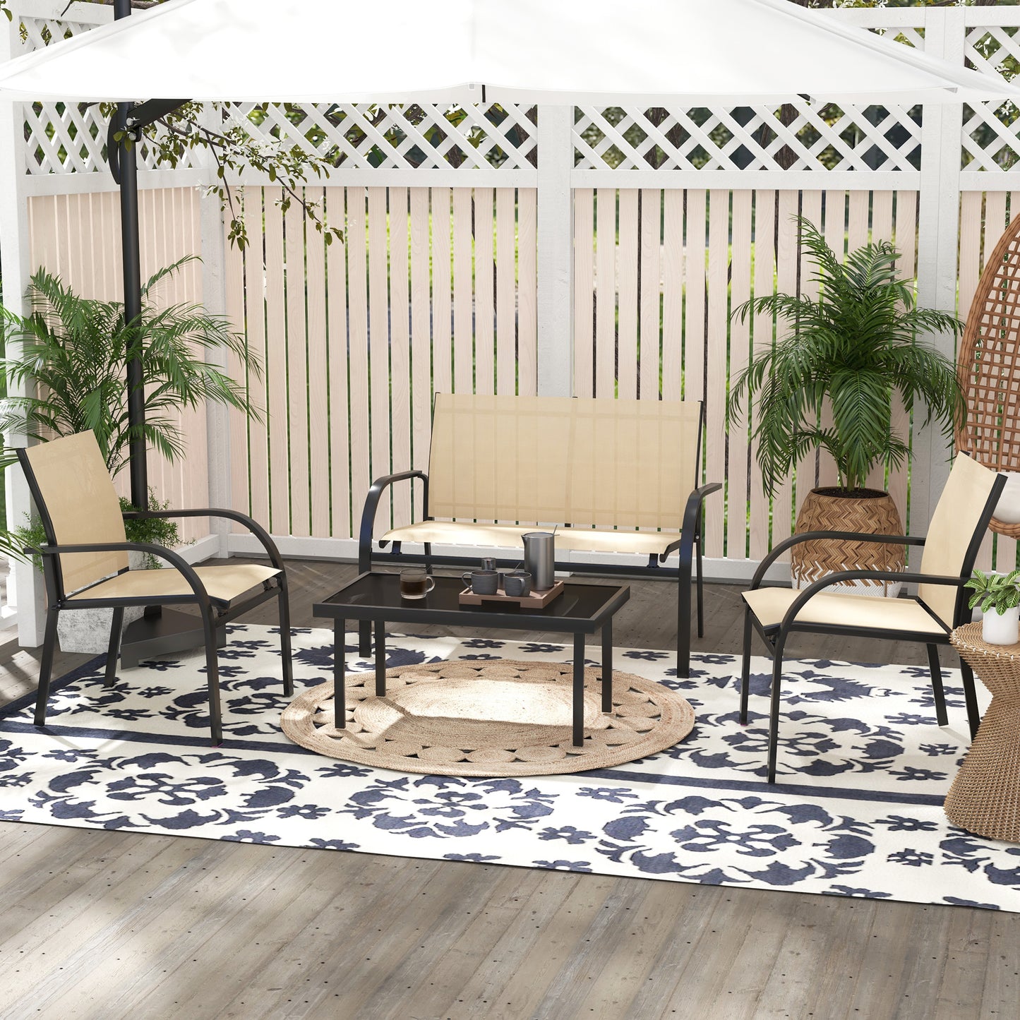 Outsunny 4-Piece Curved Steel Outdoor Lounge Set with Loveseat, 2 Texteline Chairs, and Glass Top Table for Garden and Patio - Beige - ALL4U RETAILER LTD