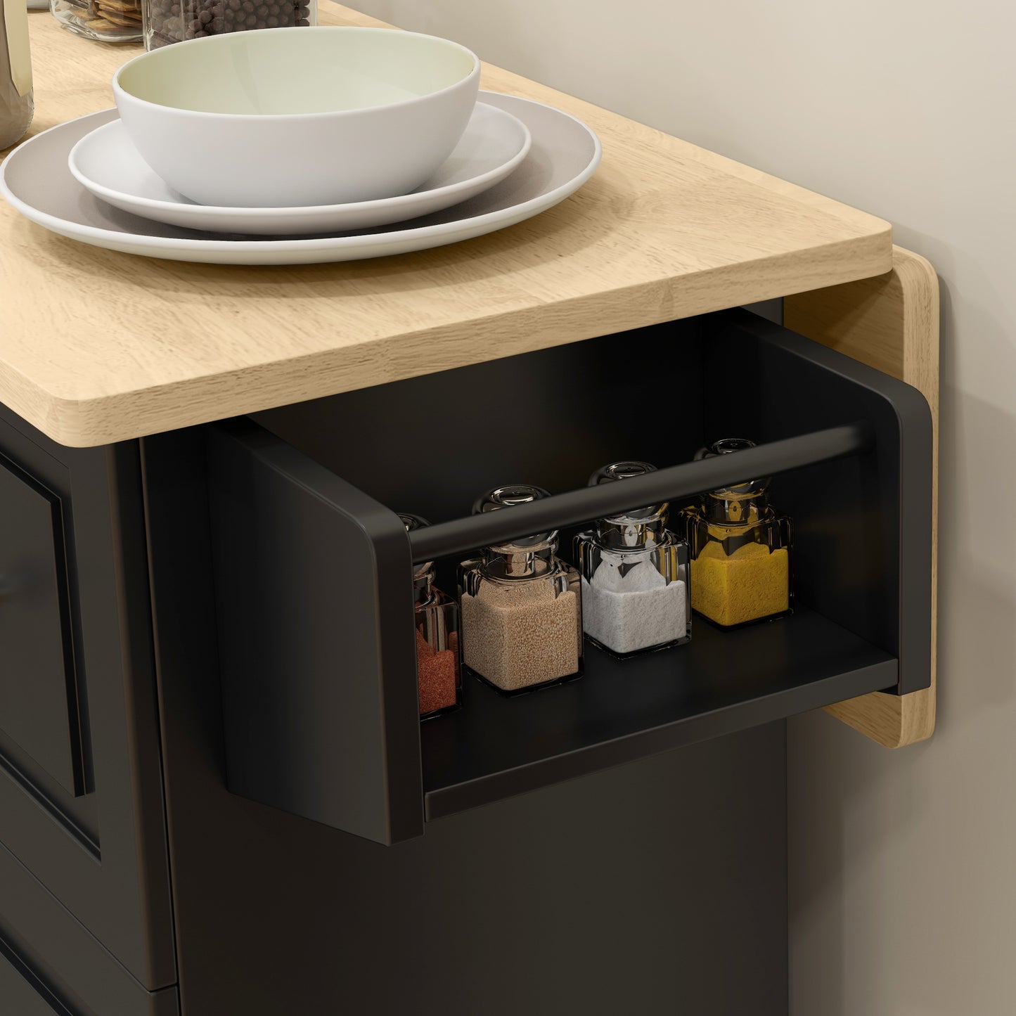 HOMCOM Kitchen Island On Wheels With Drop Leaf Black Rubberwood Top Rolling Storage Trolley Featuring 3 Drawers