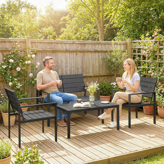 Outsunny 4 Piece Outdoor Garden Furniture Set With HDPE Slats Loveseat Two Armchairs Coffee Table Metal Frame Black