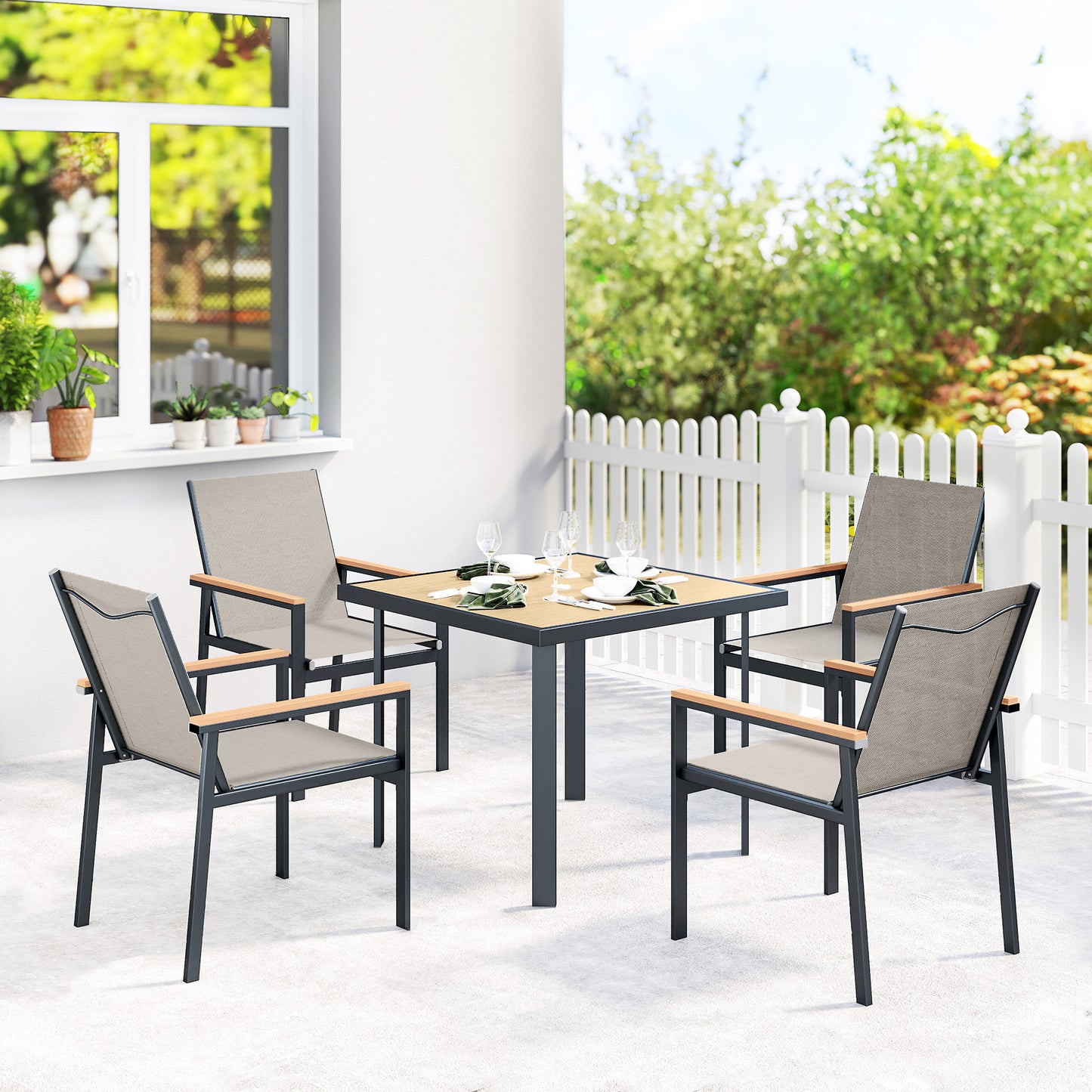 Outsunny Five Piece Metal Outdoor Dining Set With Glass Top Square Table In Khaki