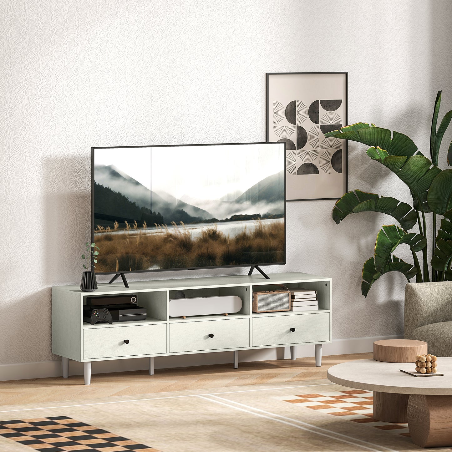 HOMCOM Cream White Multi Storage TV Stand With Three Shelves And Three Drawers Cable Management Up To 75 Inch Screen