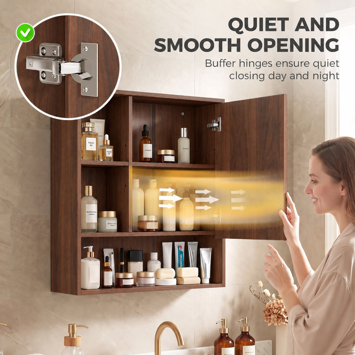 Walnut mirrored cabinet with smooth-closing hinges and organized open storage shelves