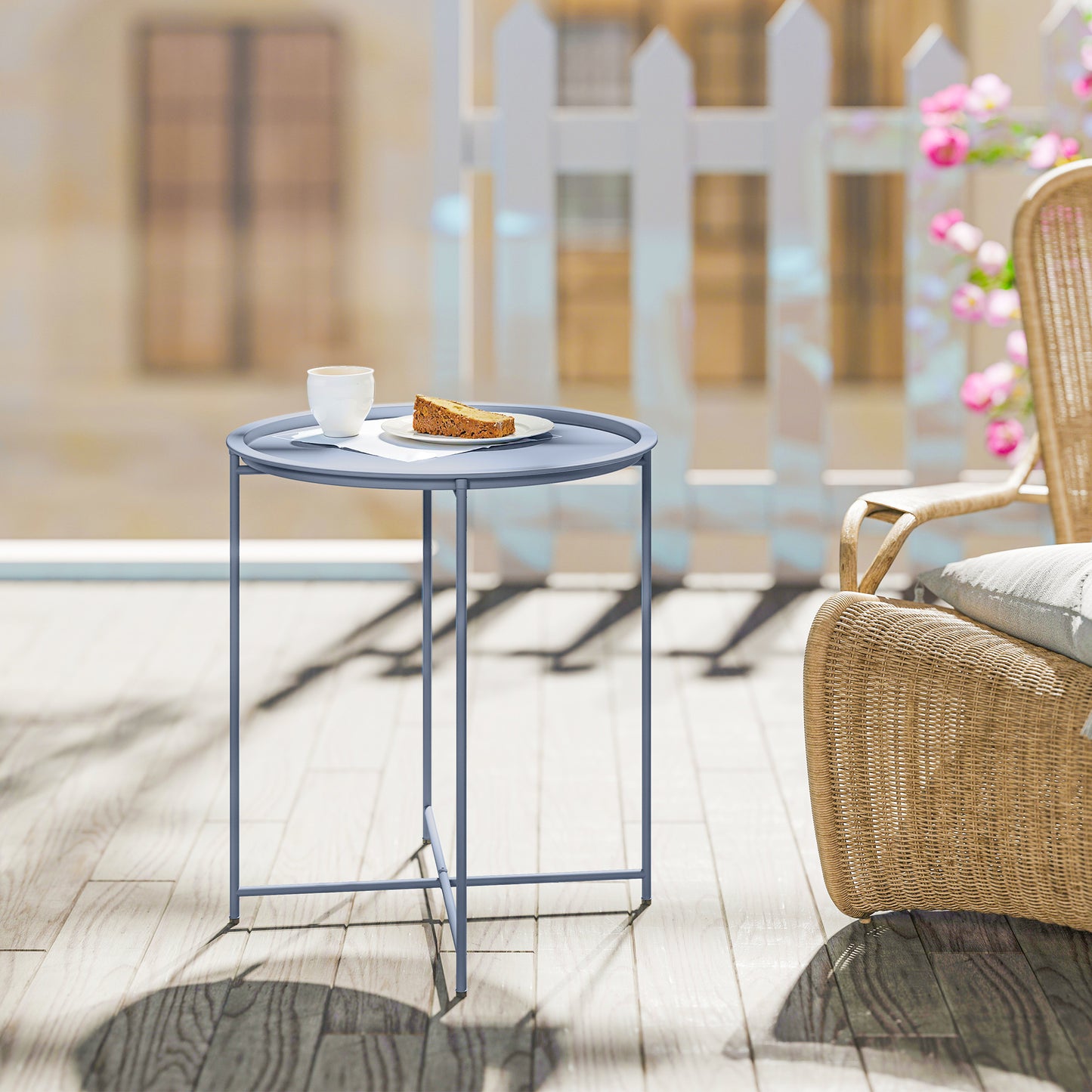 Outsunny Steel Removable Tray Top Garden Table With Folding Legs Blue Grey For Outdoor Patio Balcony