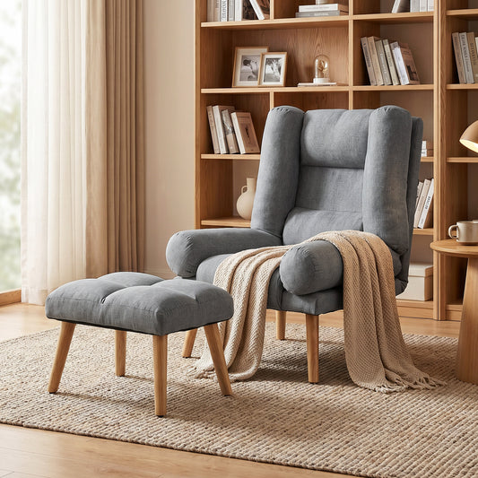HOMCOM Recliner Chair With Footstool Adjustable Backrest Thick Cushion And Wooden Legs Grey