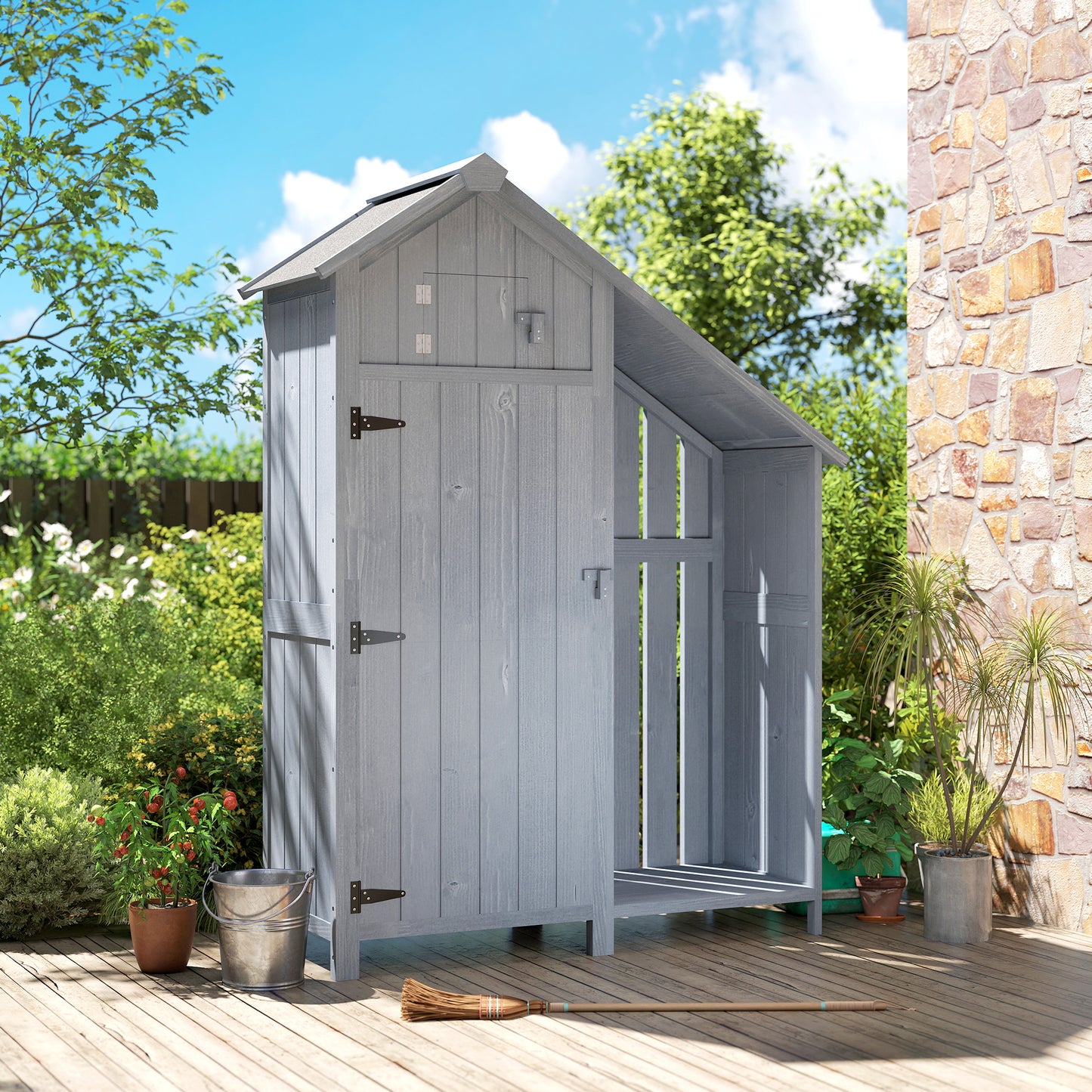 Outsunny Garden Outdoor Storage Shed With Three Shelves Tilt Roof Firewood Rack Log Carrier 129L x 51.5W x 180H cm