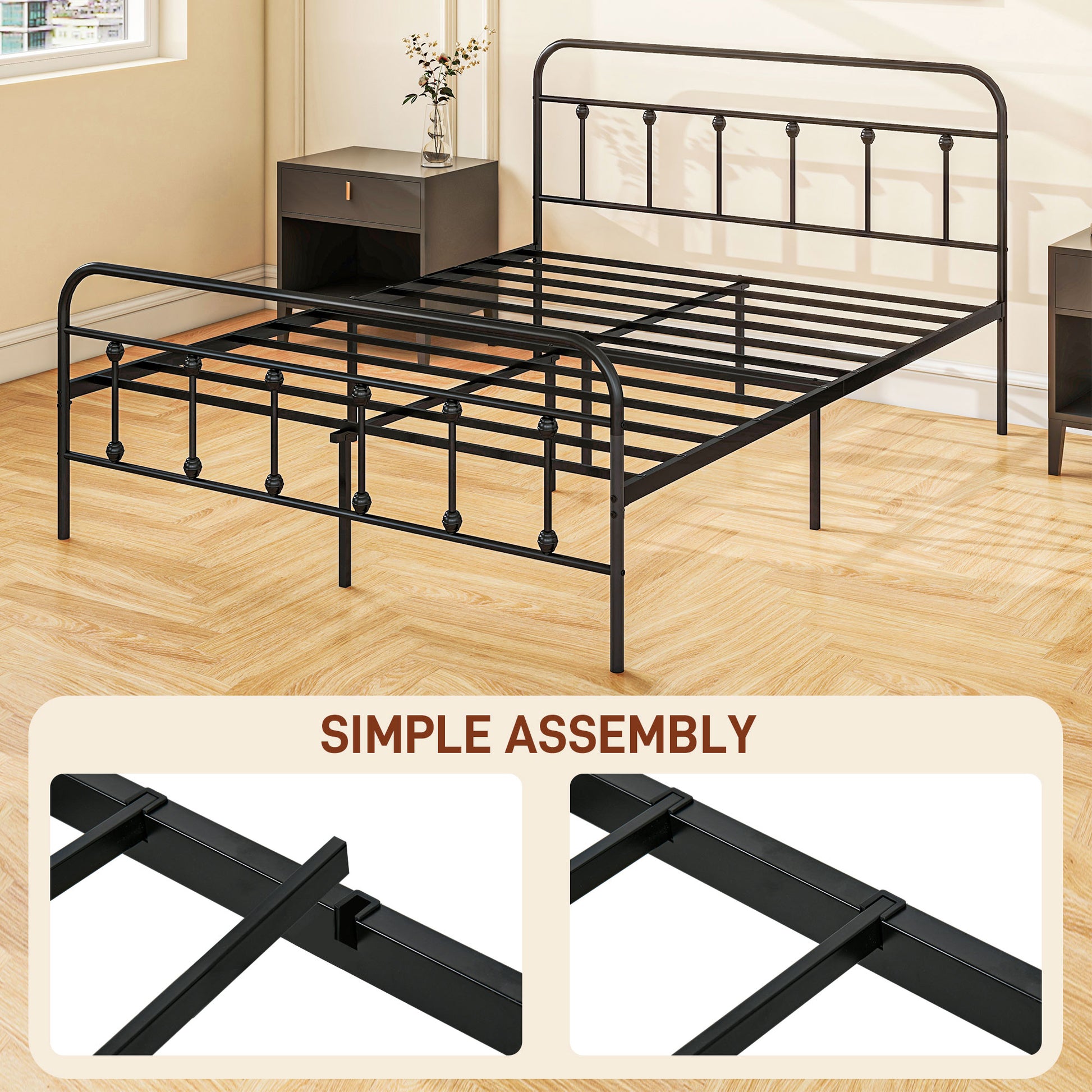 HOMCOM 5ft King Size Metal Bed Frame with Storage Space and Tall Headboard - Easy Assembly, No Box Spring Required, Black Finish - ALL4U RETAILER LTD