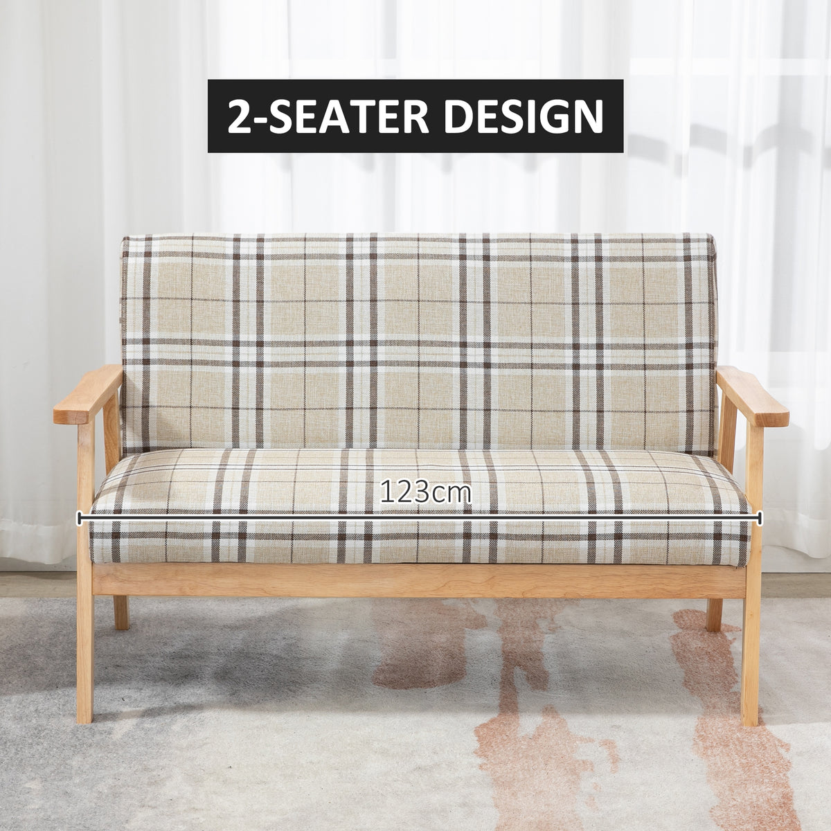 Two-seat plaid loveseat sofa with padded seat cushion and tall backrest