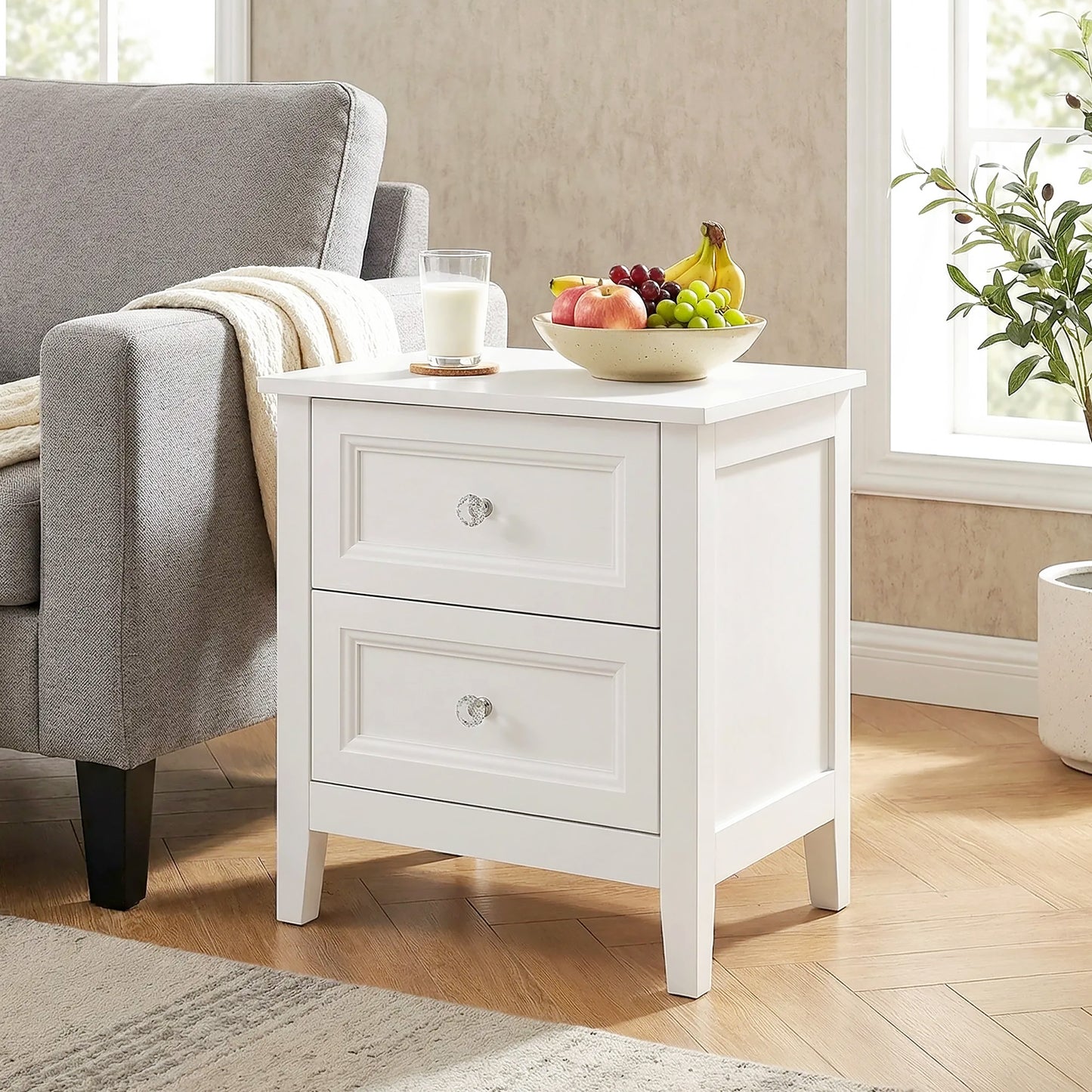 HOMCOM Nightstand With 2 Drawers Modern Bedside Table White MDF Frame Crystal Handles For Bedroom Living Room