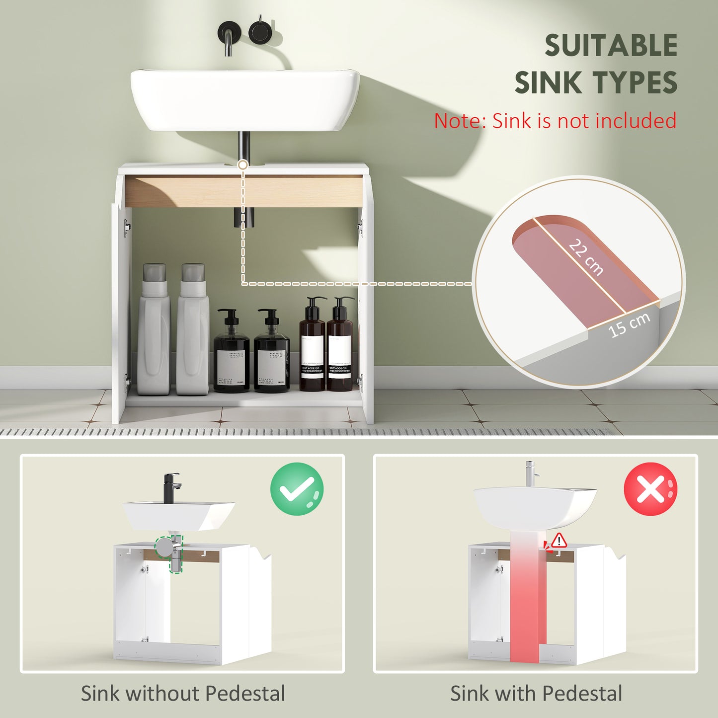 HOMCOM Under Sink Bathroom Storage Cabinet With Soft Close Doors White For Basin Without Pedestal