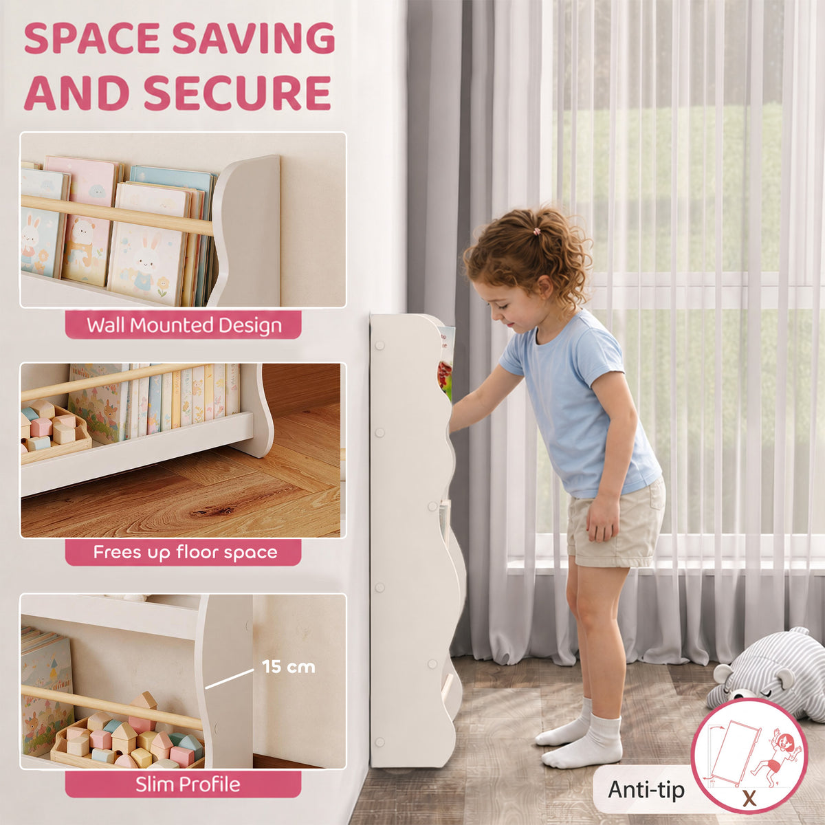 White slim-profile wall-mounted kids bookshelf with curved edges and open tiers