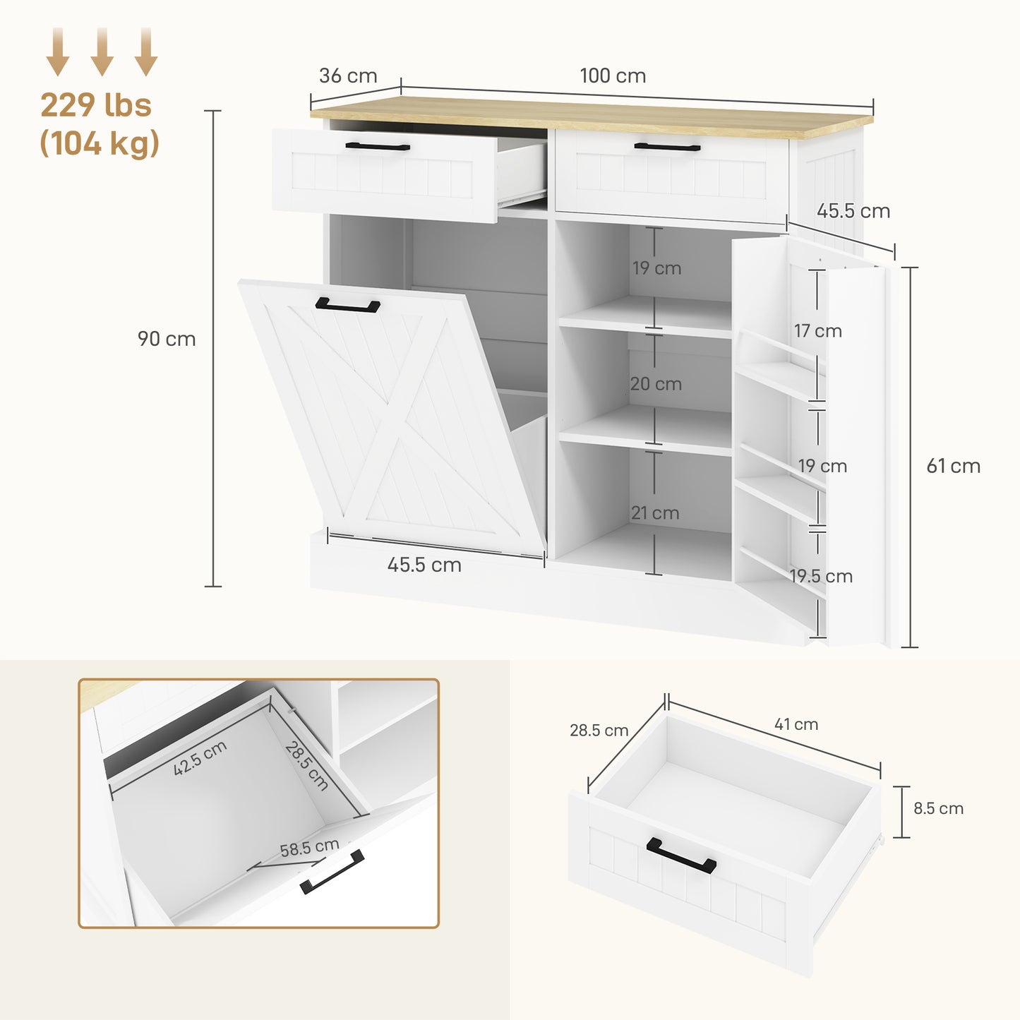 HOMCOM Farmhouse Sideboard With Tilt Out Trash Bin, White Finish, 2 Drawers, Adjustable Shelves, Door Racks