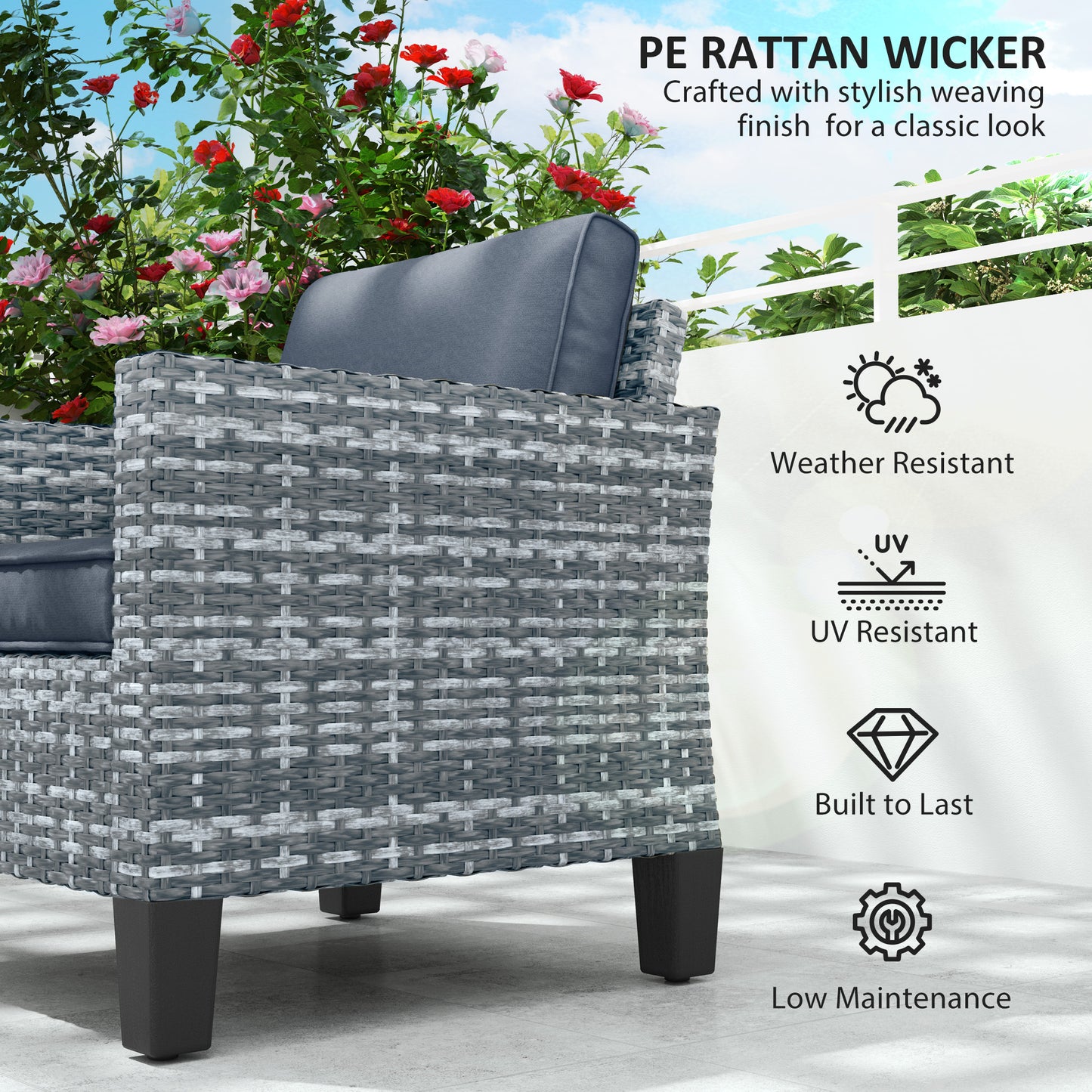 Outsunny Single Rattan Armchair With Cushions Light Grey Outdoor Garden Patio Furniture