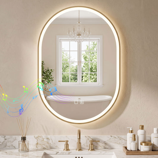 Large oval LED bathroom mirror with glowing rim and built-in anti-fog clear view