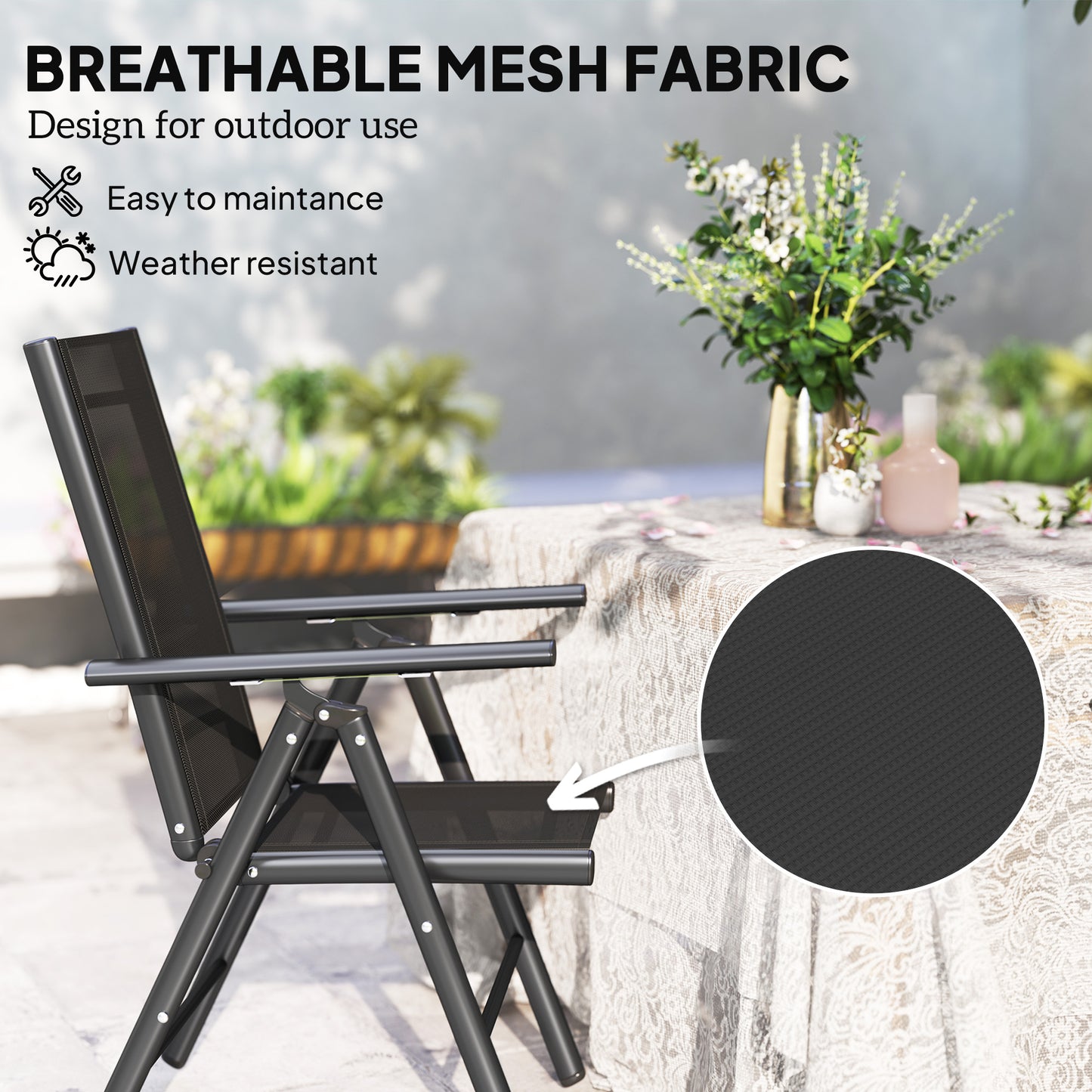 Outsunny Two Pack Folding Garden Chairs With Aluminum Frame And Breathable Mesh Seats For Outdoor Balcony Use Black