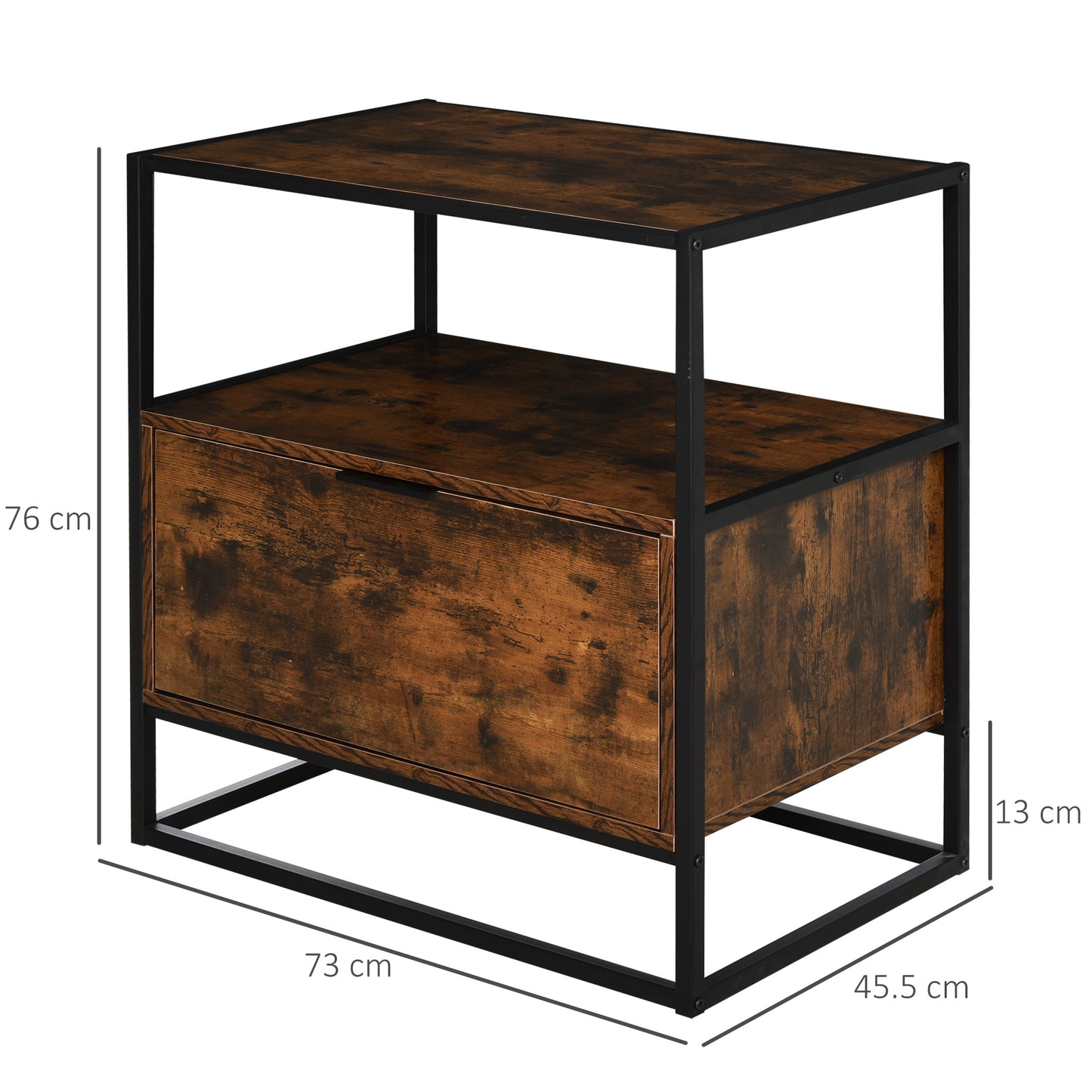 HOMCOM Industrial Style Side Table With Drawer Open Shelf Steel Frame Large Base Two Tone Chestnut Brown And Black